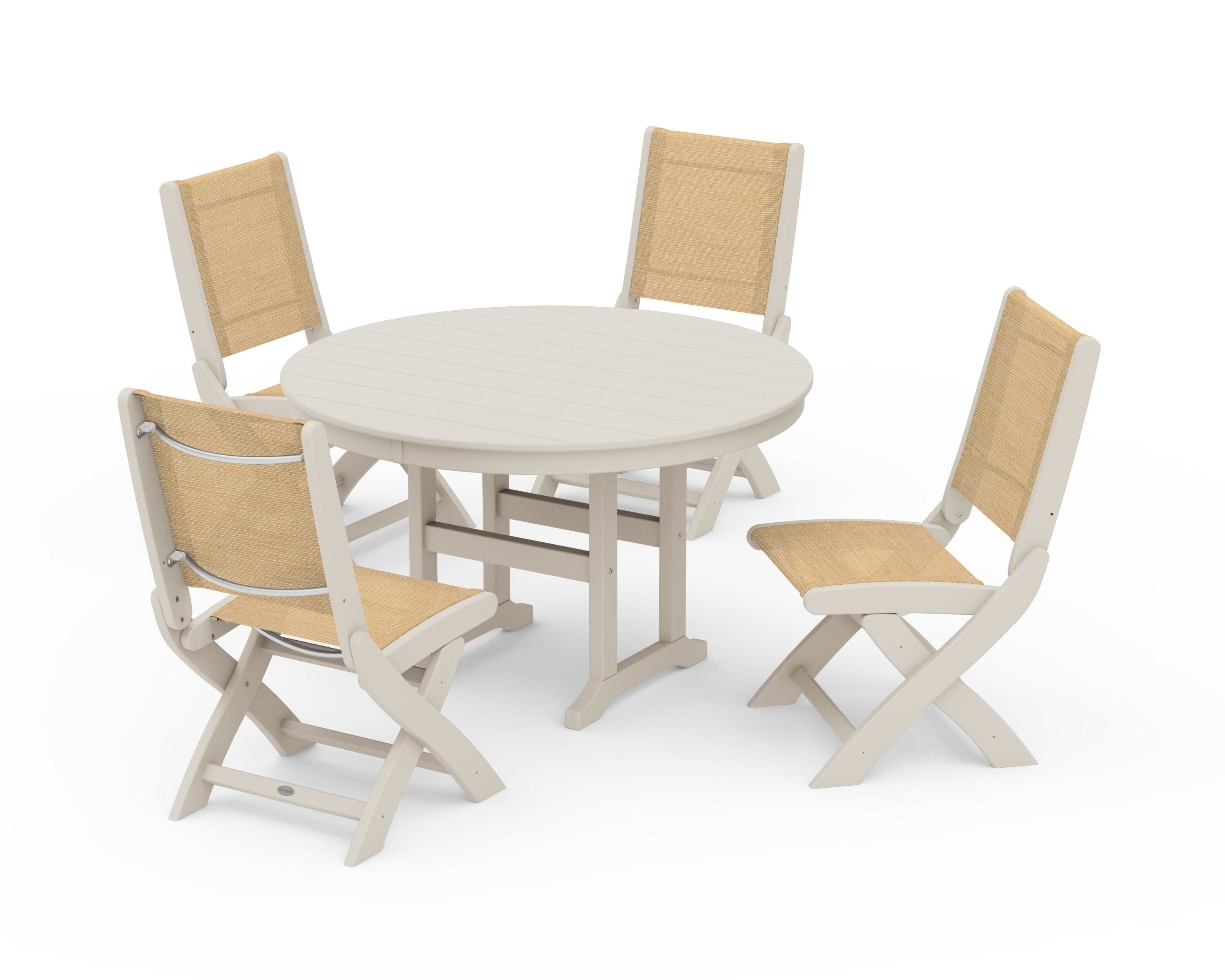 Coastal Folding Side Chair 5-Piece Round Dining Set in Sand / Dupioni Apricot Sling