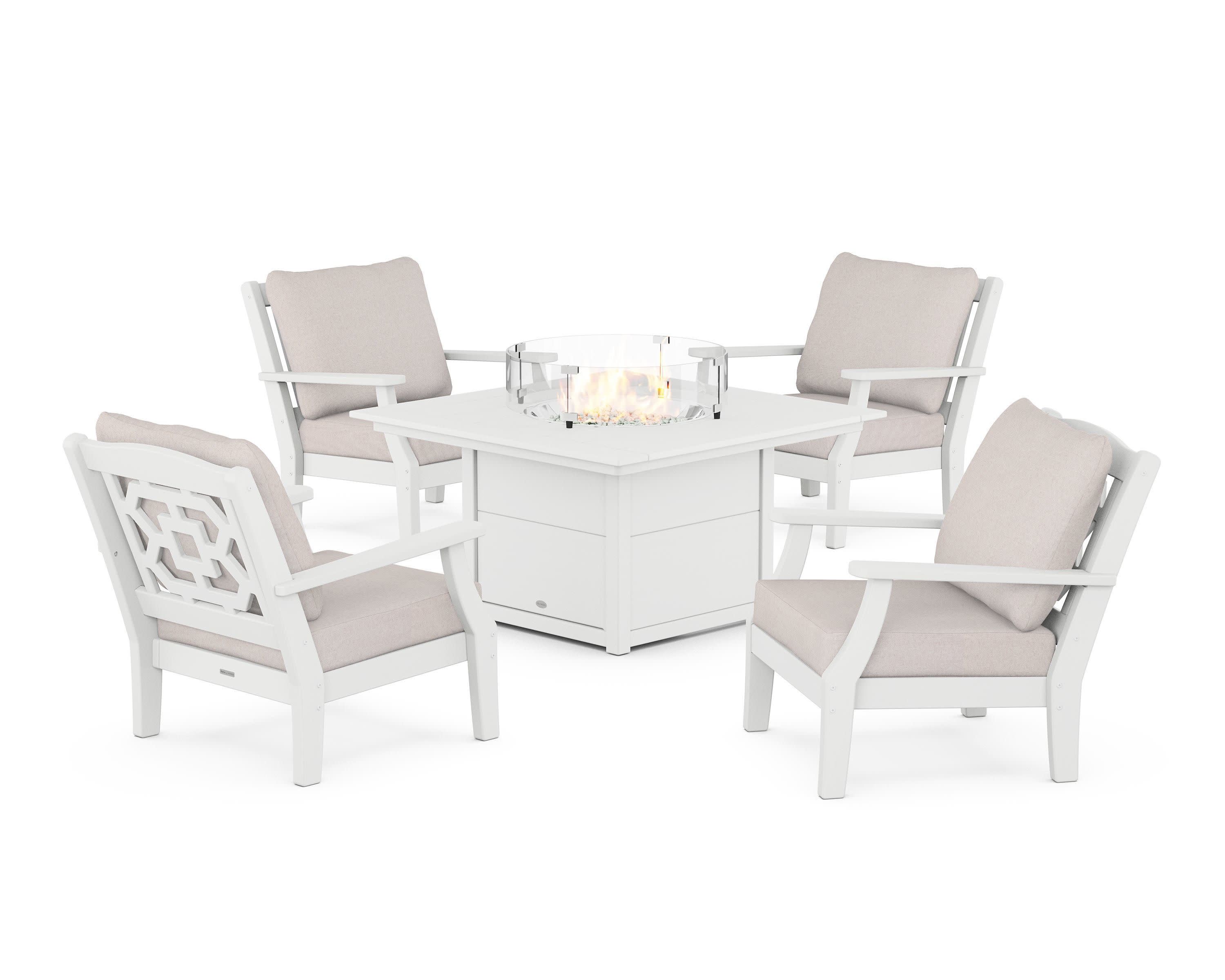 Chinoiserie 5-Piece Deep Seating Set with Fire Pit Table in White / Dune Burlap
