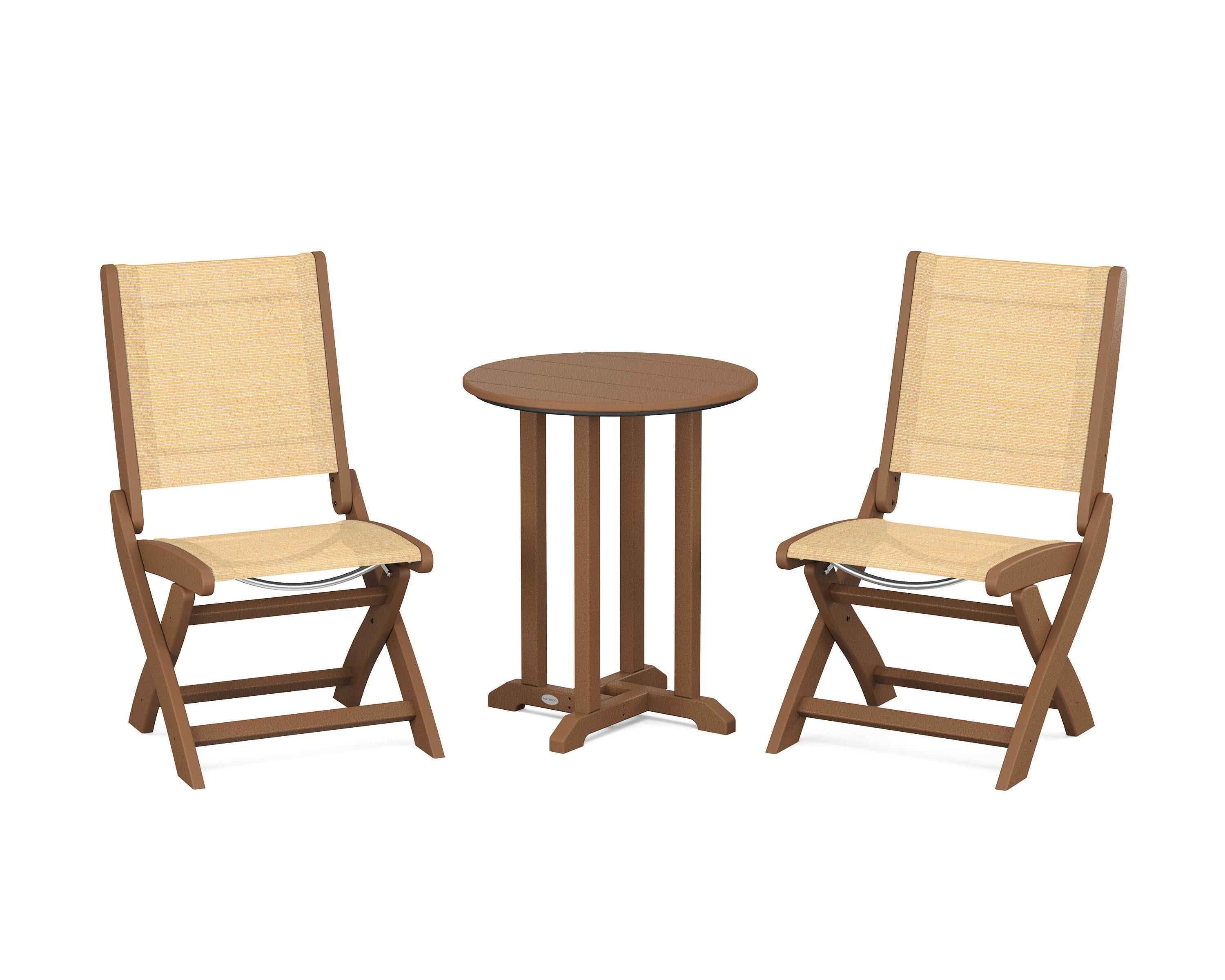 Coastal Folding Side Chair 3-Piece Round Bistro Dining Set in Teak / Dupioni Apricot Sling