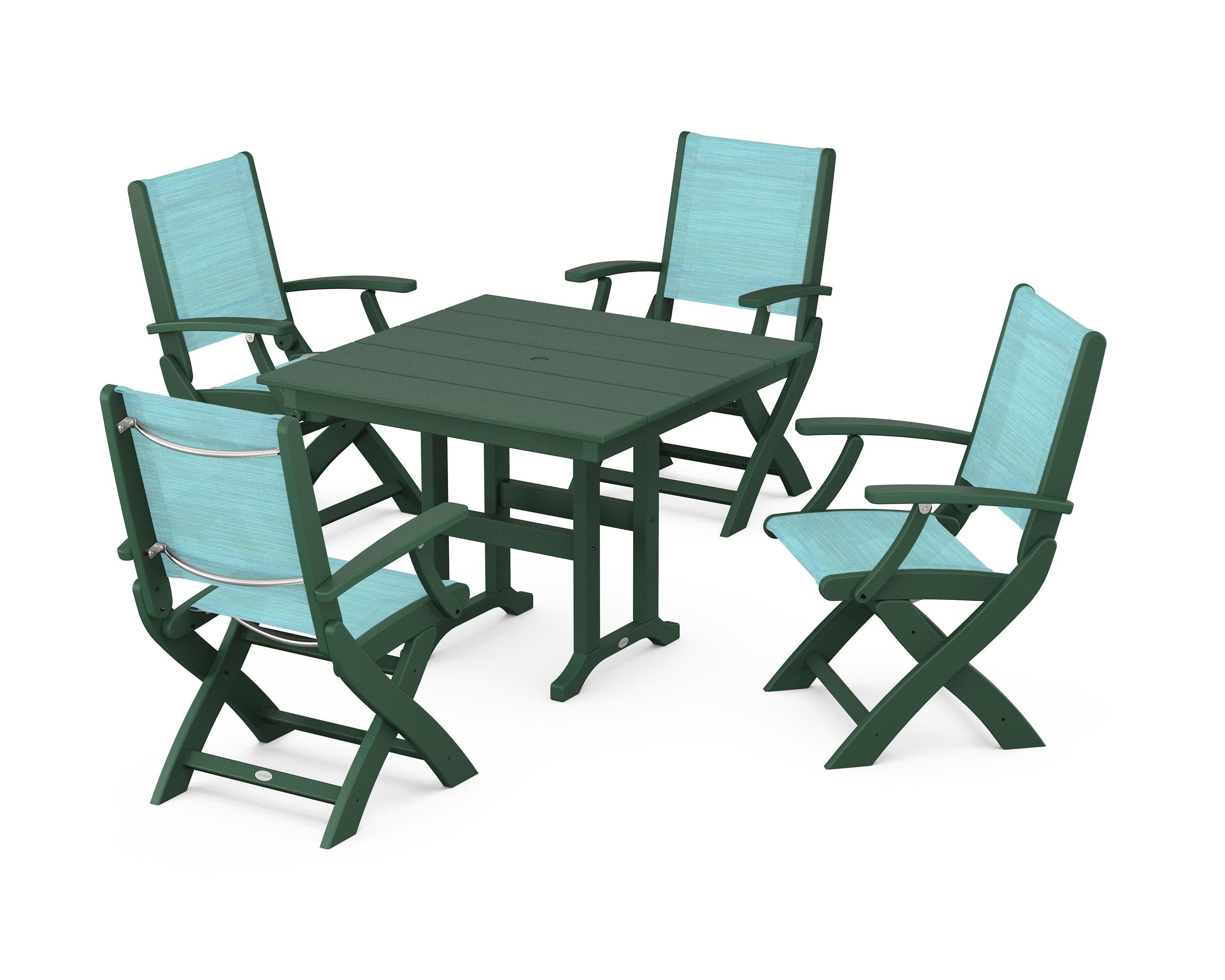 Coastal Folding Chair 5-Piece Farmhouse Dining Set in Green / Dupioni Aquamarine Sling