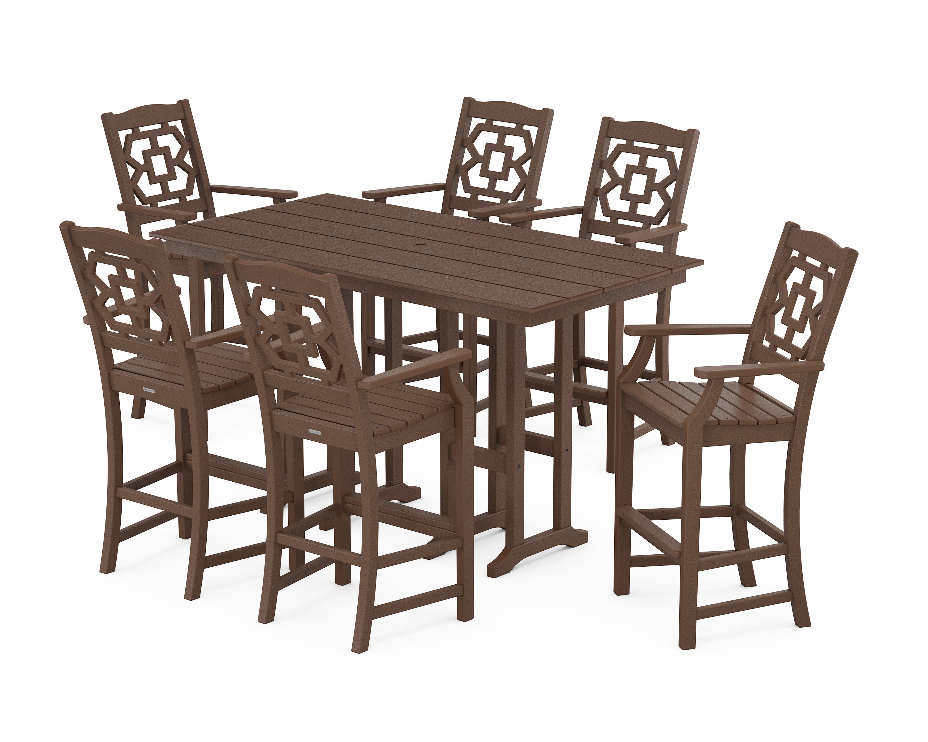 Chinoiserie Arm Chair 7-Piece Farmhouse Bar Set in Mahogany