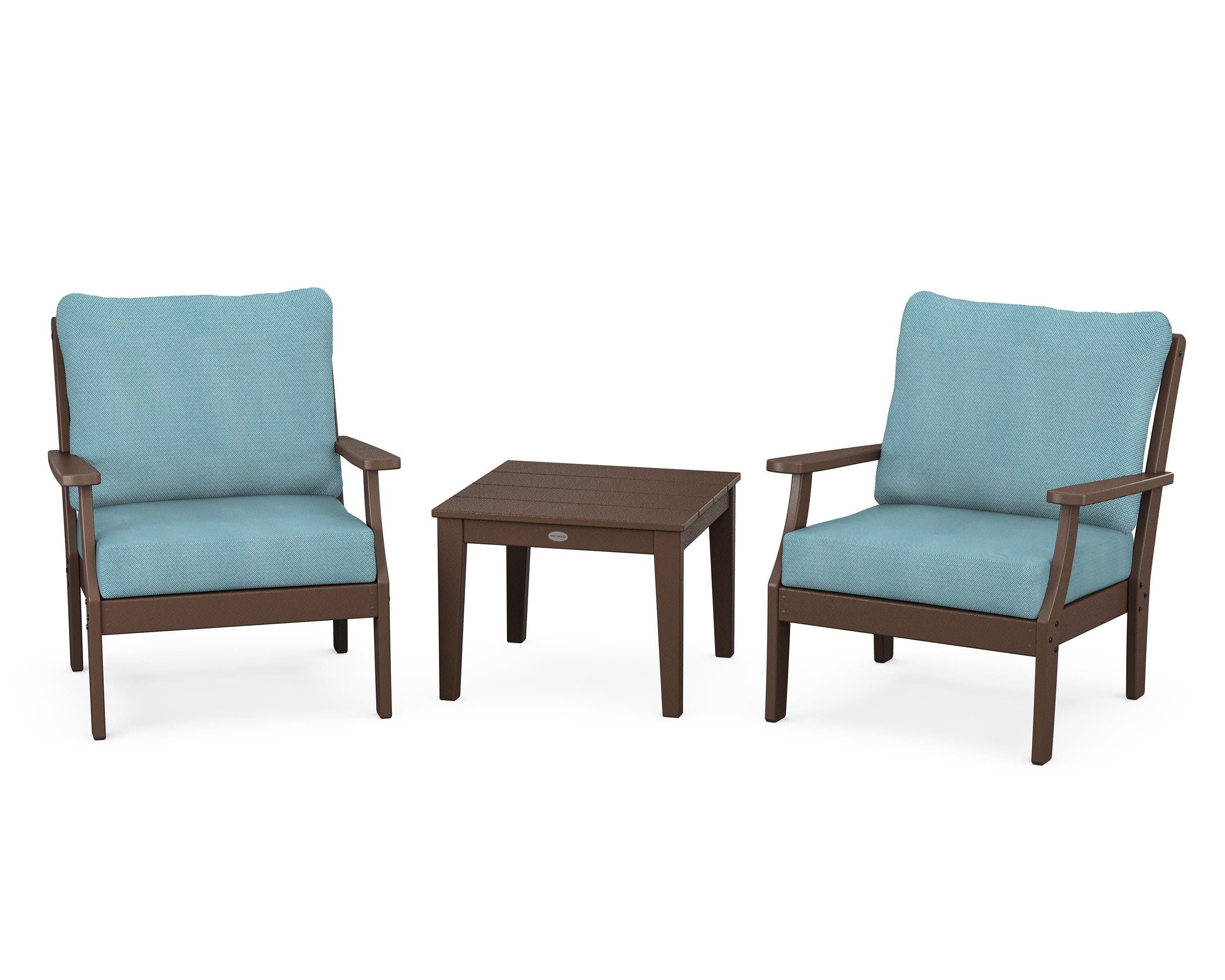 Braxton 3-Piece Deep Seating Set in Mahogany / Lattice Sky Blue