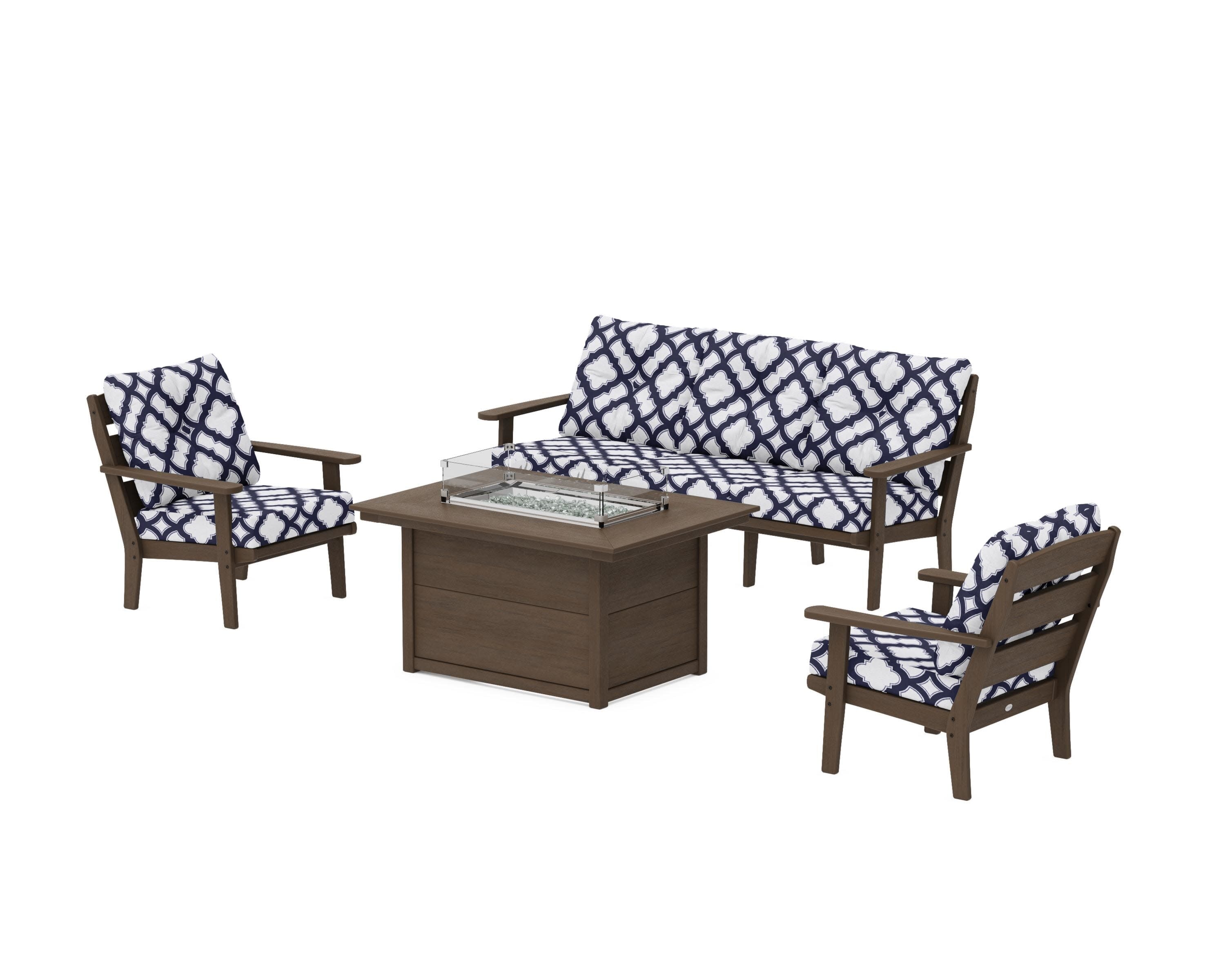 Lakeside Deep Seating Fire Pit Table Set in Kona / Trellis Navy