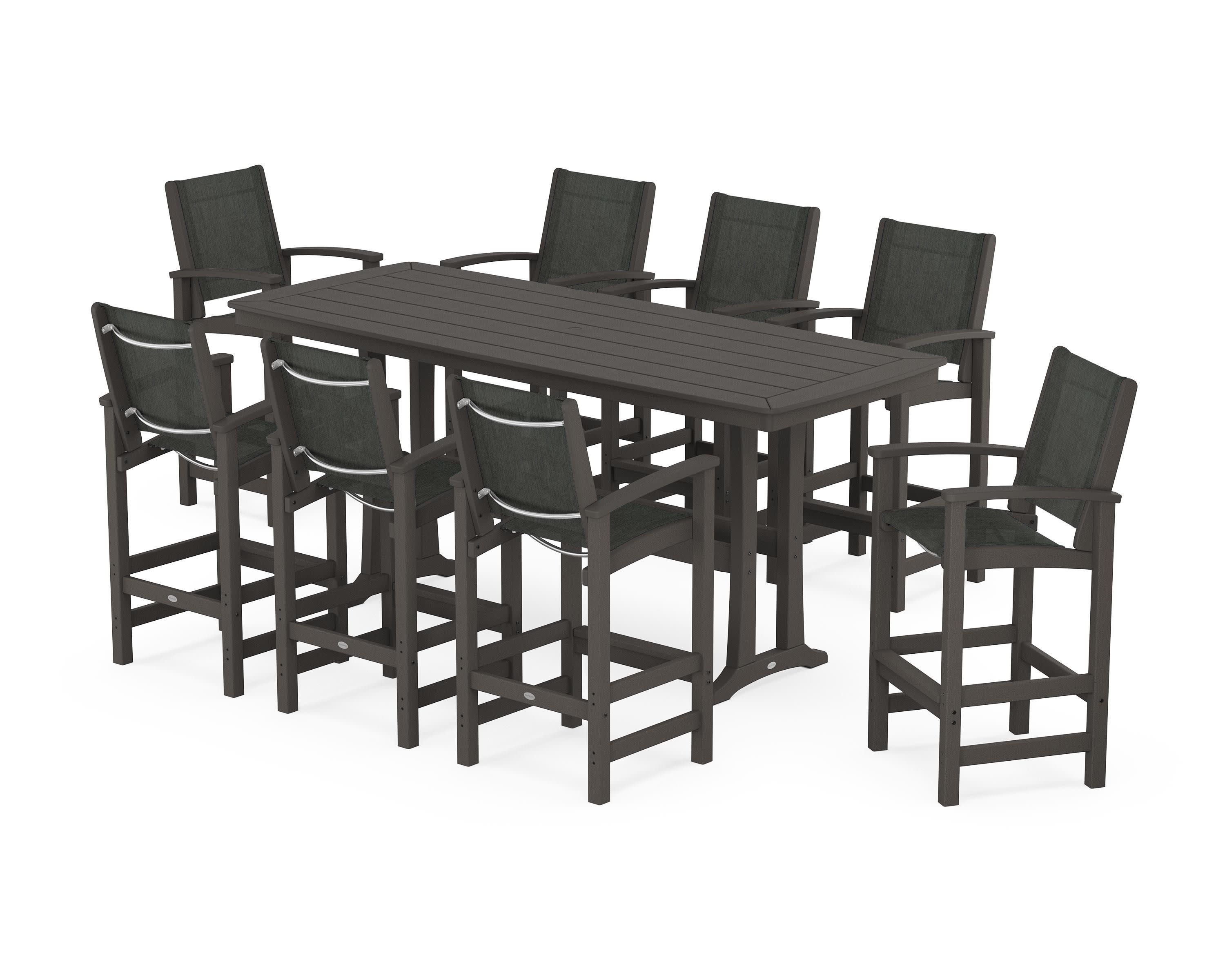Coastal 9-Piece Bar Set with Trestle Legs in Vintage Coffee / Ember Sling