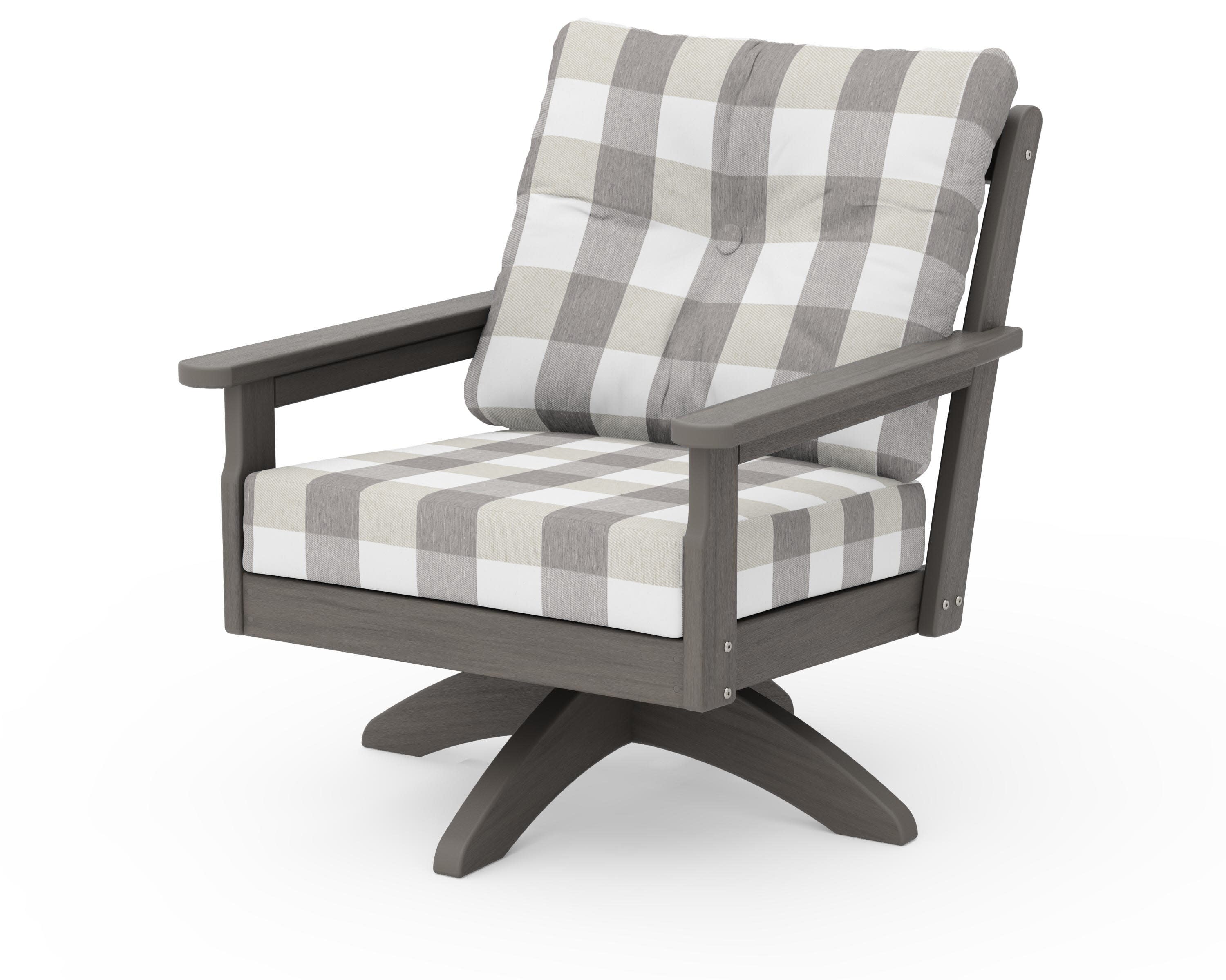 Vineyard Deep Seating Swivel Chair in Driftwood / Buffalo Plaid Grey Mist