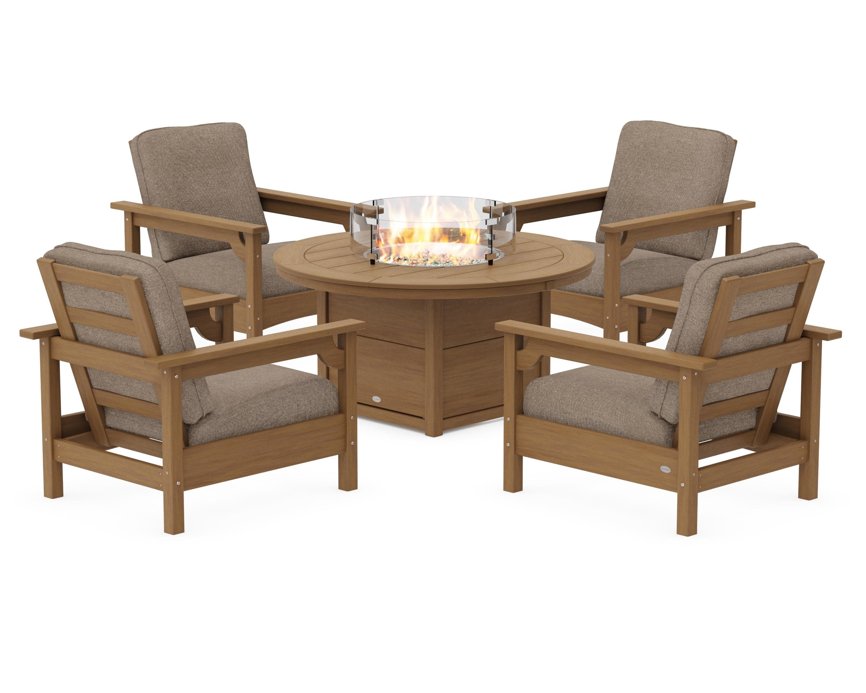 Club 5-Piece Conversation Set with Fire Pit Table in Natural / Spiced Burlap