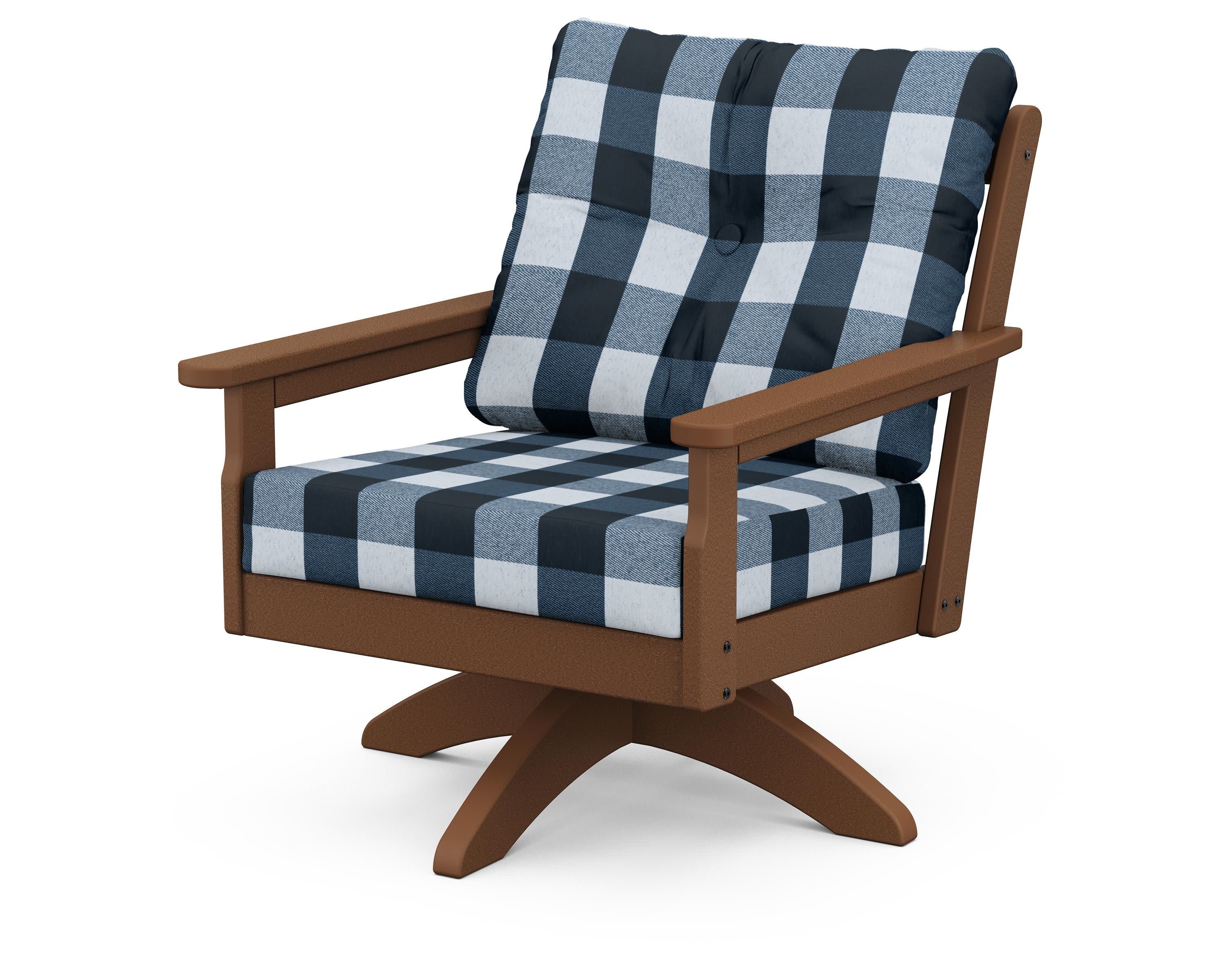Vineyard Deep Seating Swivel Chair in Teak / Buffalo Plaid Marine Indigo