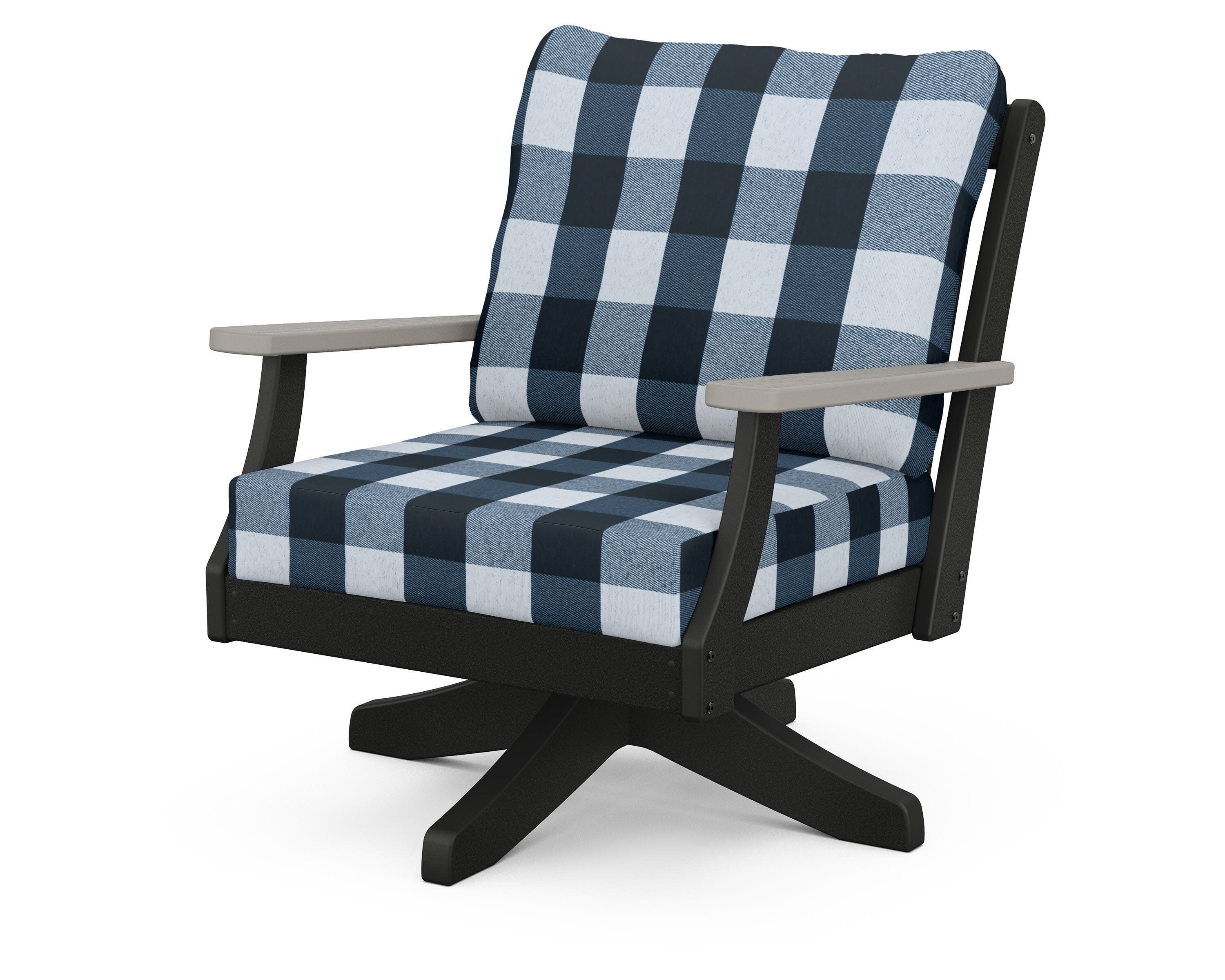 Braxton Deep Seating Swivel Chair in Black / Driftwood / Buffalo Plaid Marine Indigo