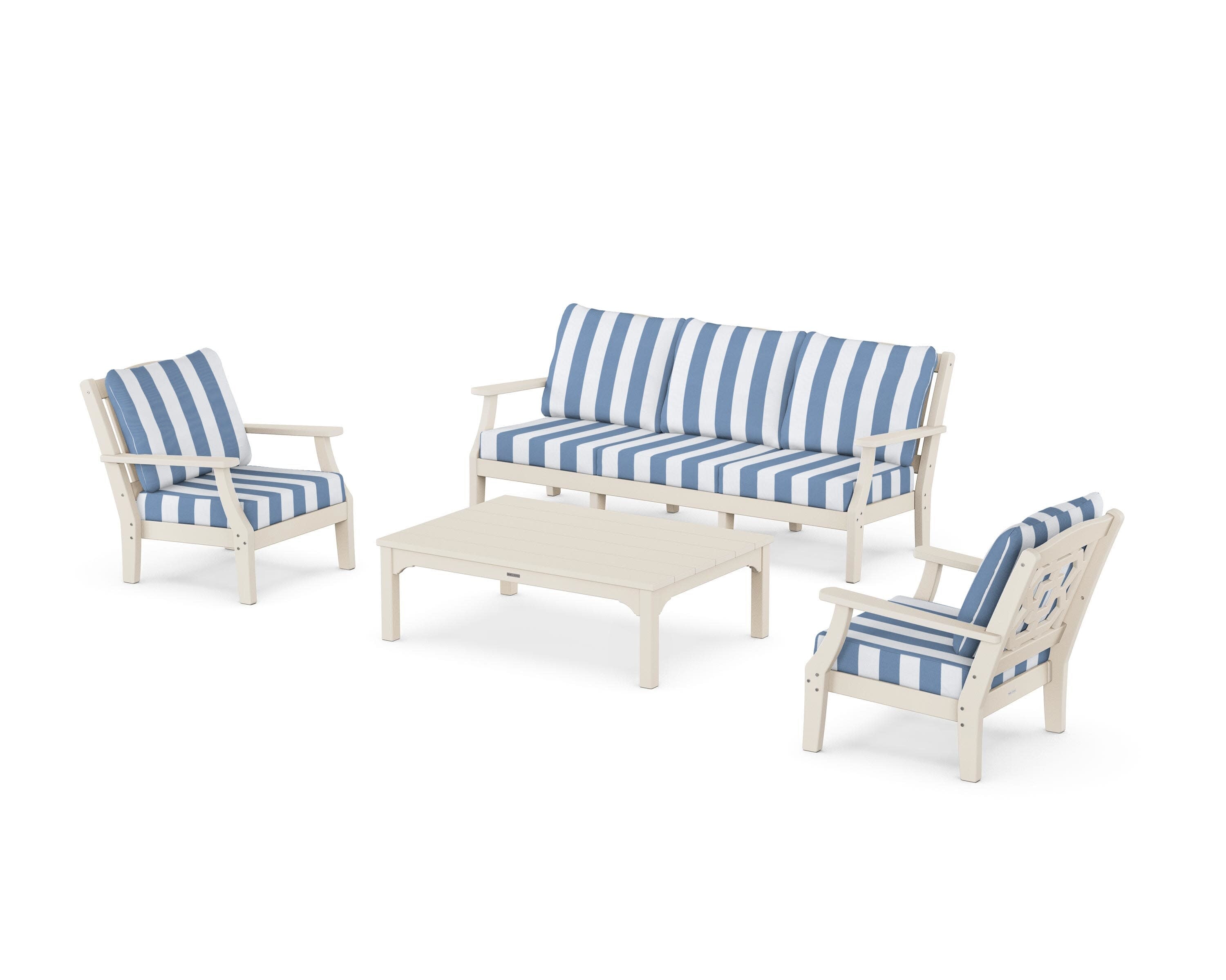 Chinoiserie 4-Piece Deep Seating Set with Sofa in Sand / Cabana Stripe Sky Blue