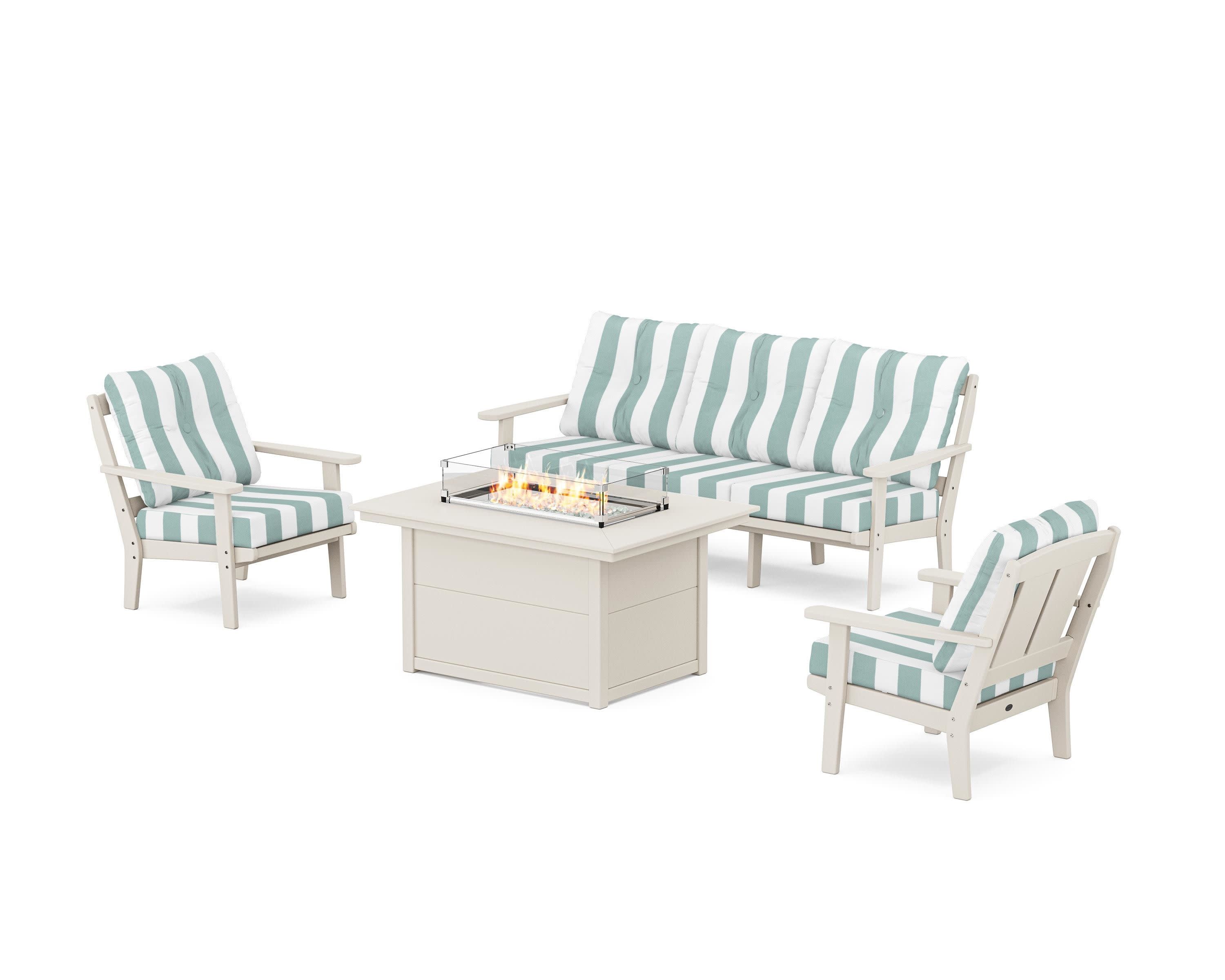 Mission Deep Seating Fire Pit Table Set in Sand / Cabana Stripe Glacier Spa