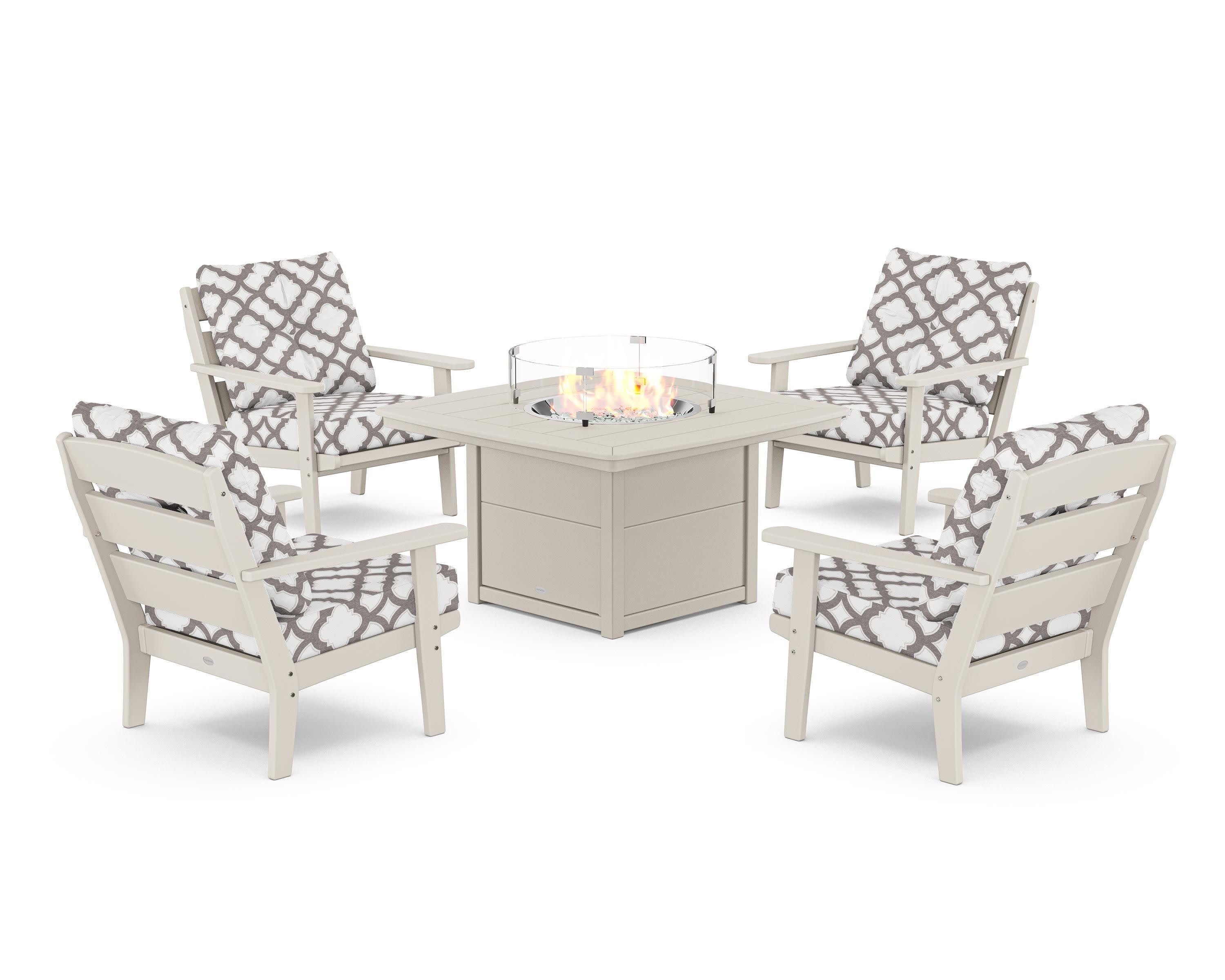 Lakeside 5-Piece Deep Seating Set with Nautical Fire Pit Table in Sand / Trellis Grey Mist