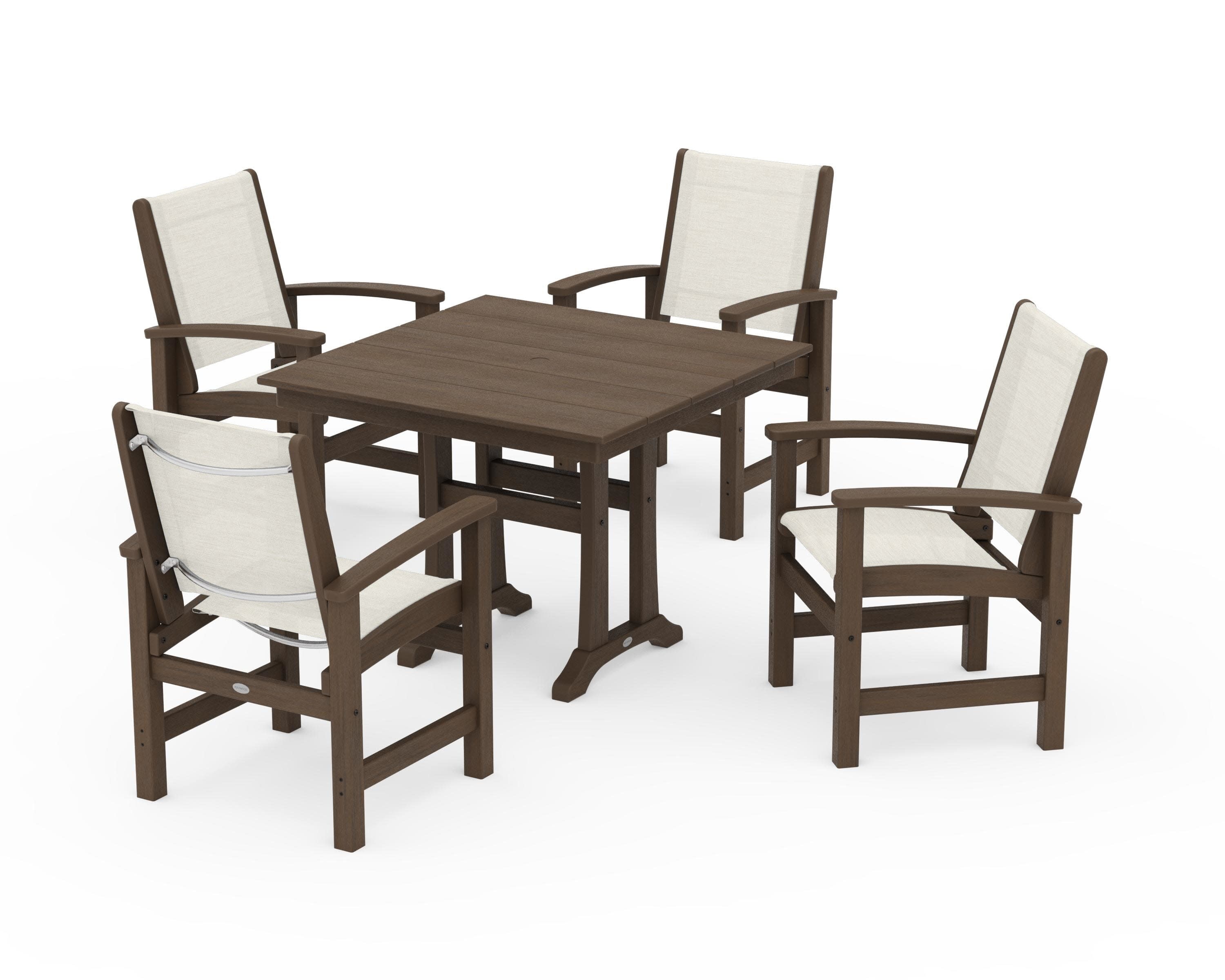 Coastal 5-Piece Farmhouse Dining Set With Trestle Legs in Kona / Parchment Sling