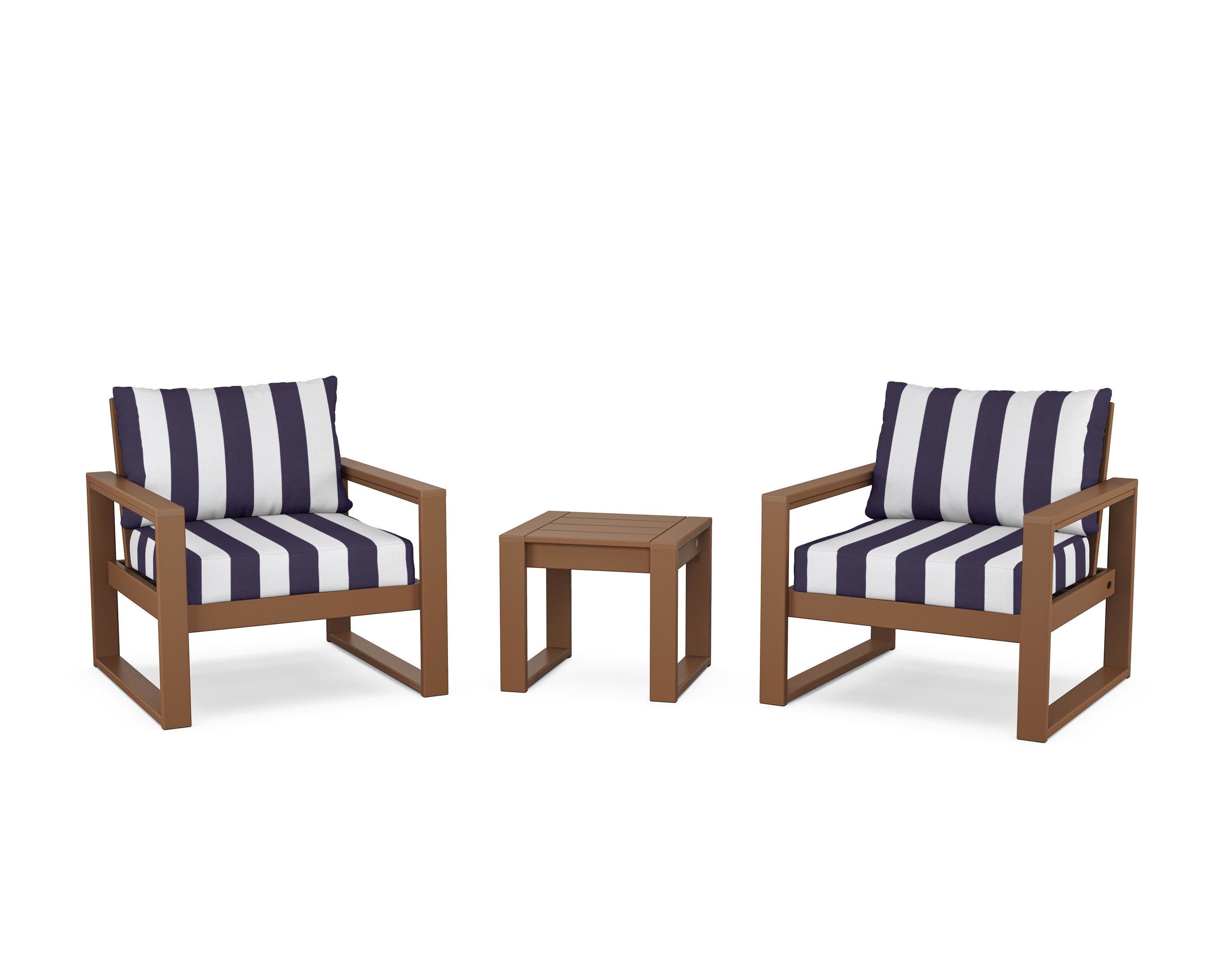 EDGE Sectional 3-Piece Deep Seating Set in Teak / Cabana Stripe Navy