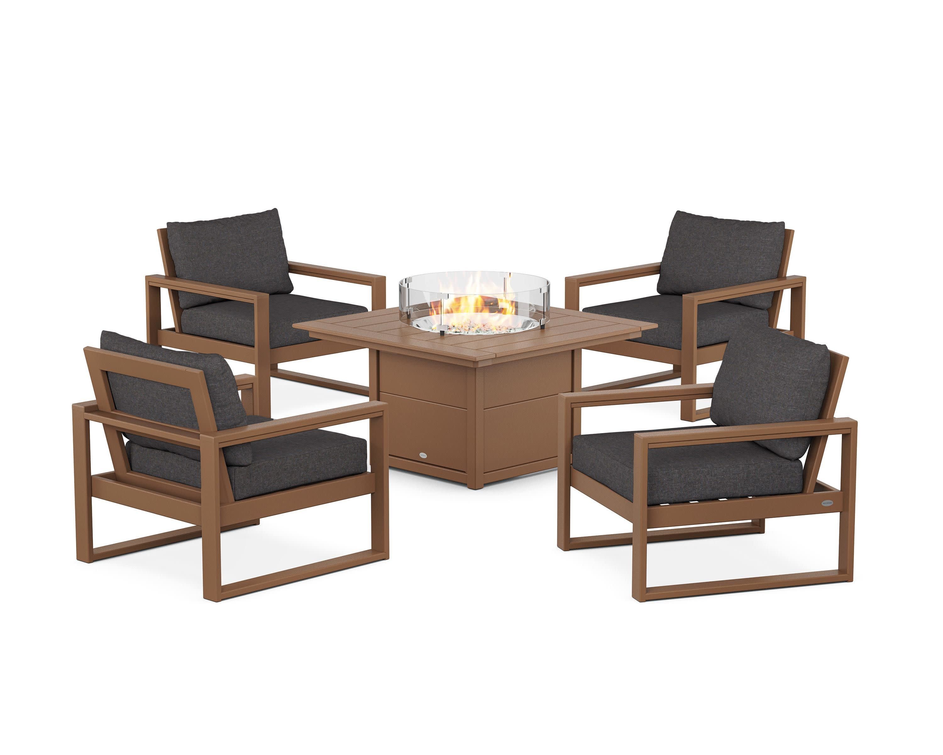 EDGE Sectional 5-Piece Deep Seating Set with Fire Pit Table in Teak / Ash Charcoal