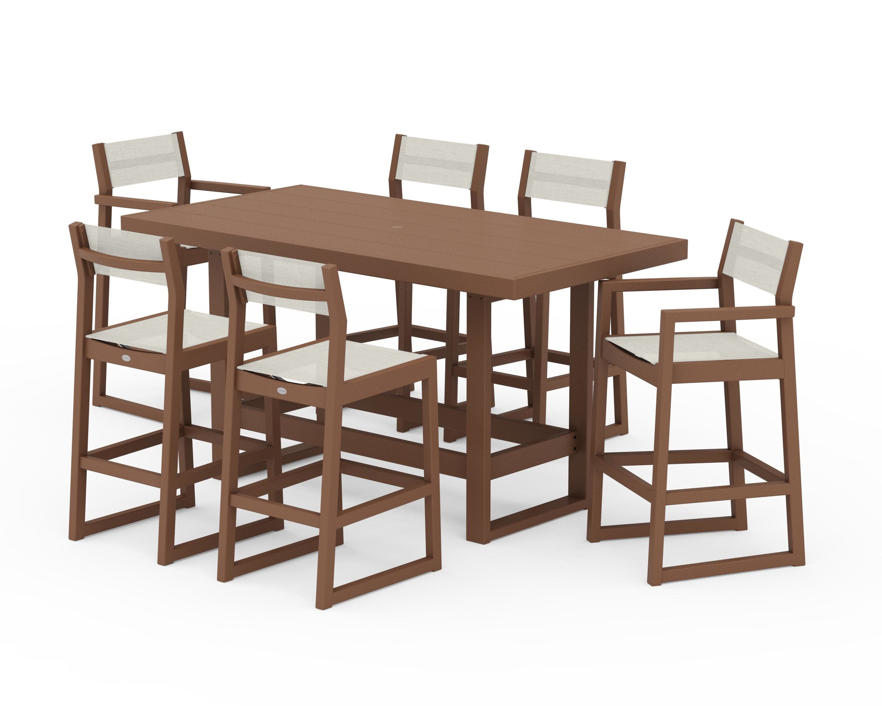 EDGE Sling 7-Piece Bar Table Set in Teak / Parchment Sling