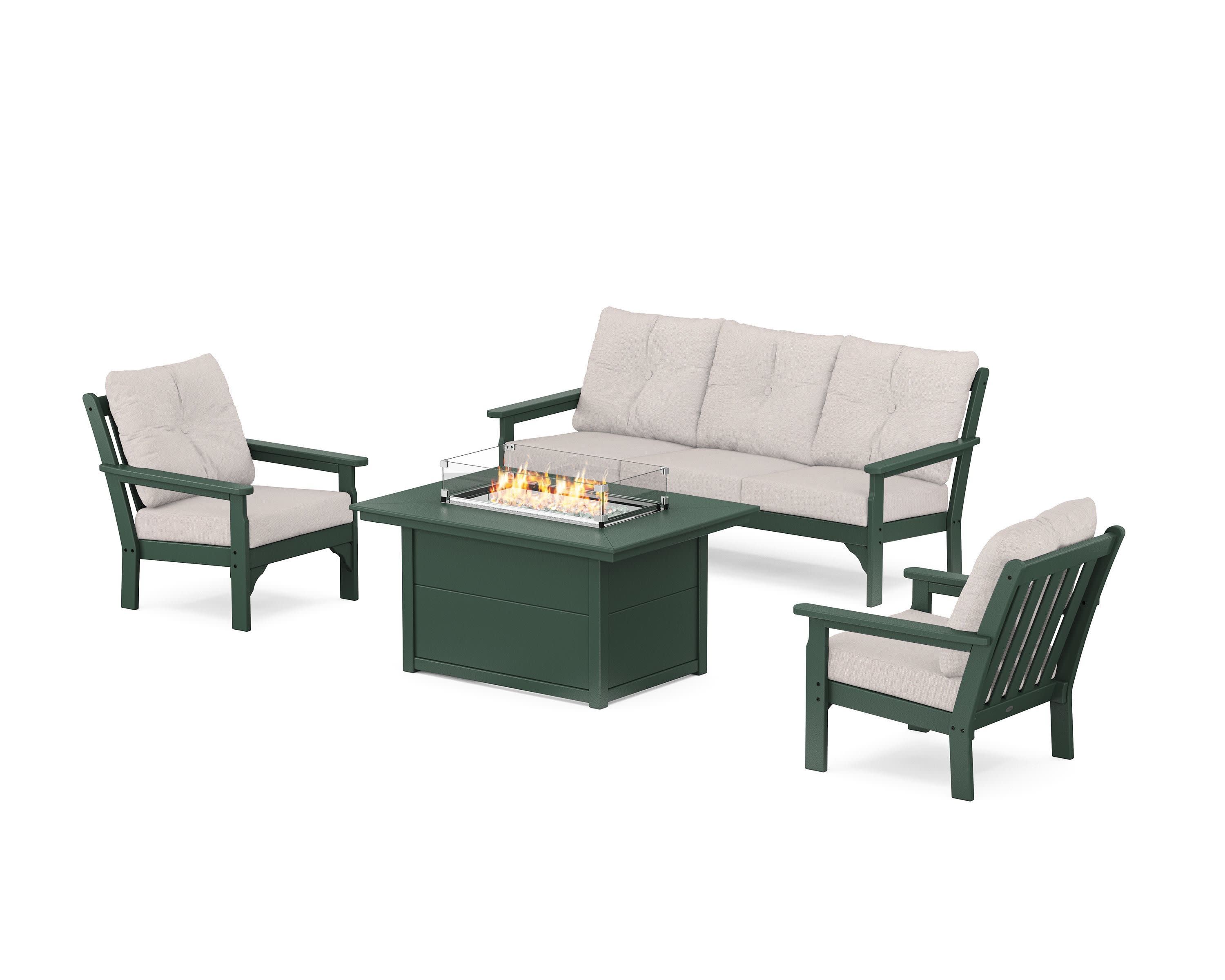Vineyard Deep Seating Fire Pit Table Set in Green / Dune Burlap