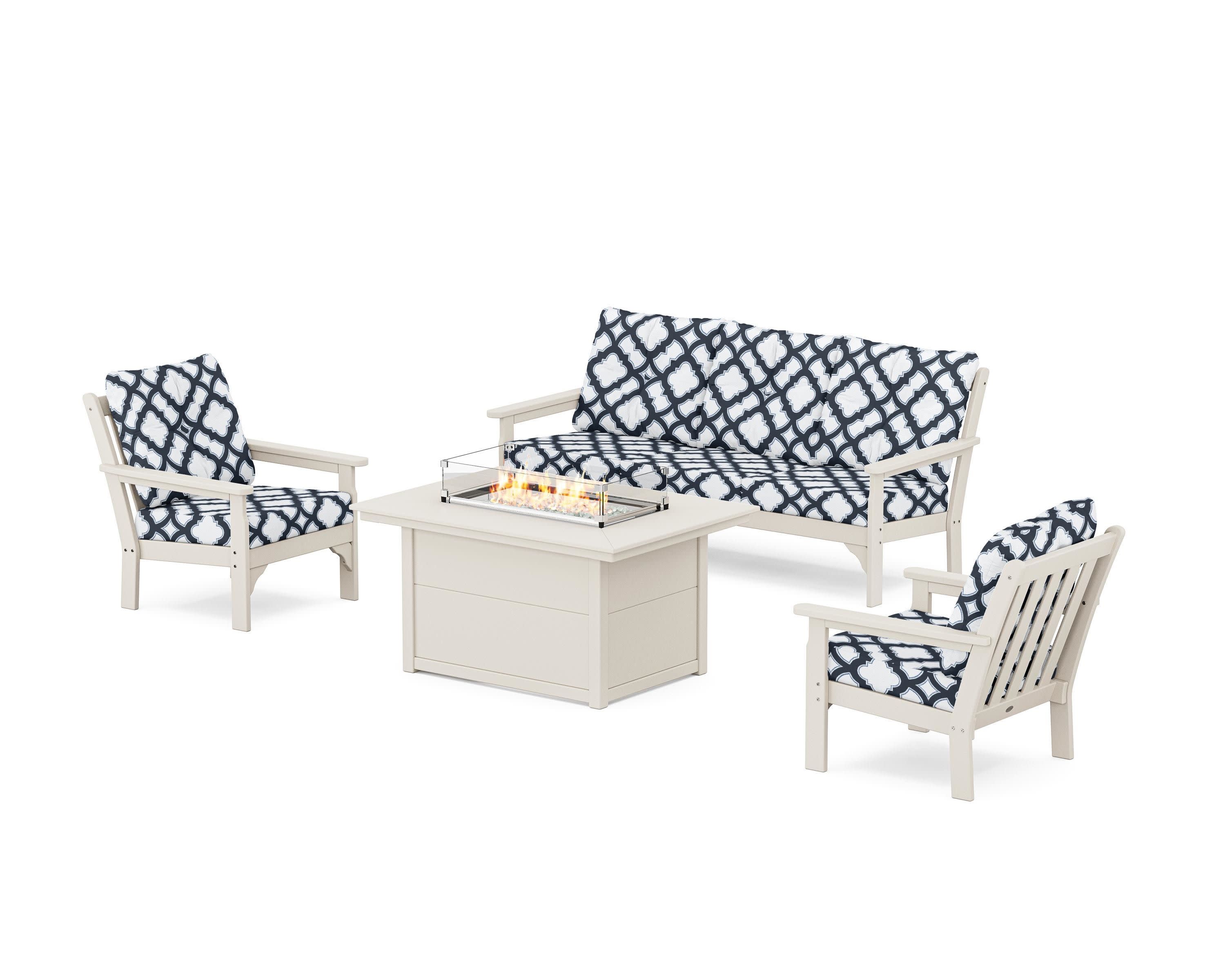 Vineyard Deep Seating Fire Pit Table Set in Sand / Trellis Marine Indigo