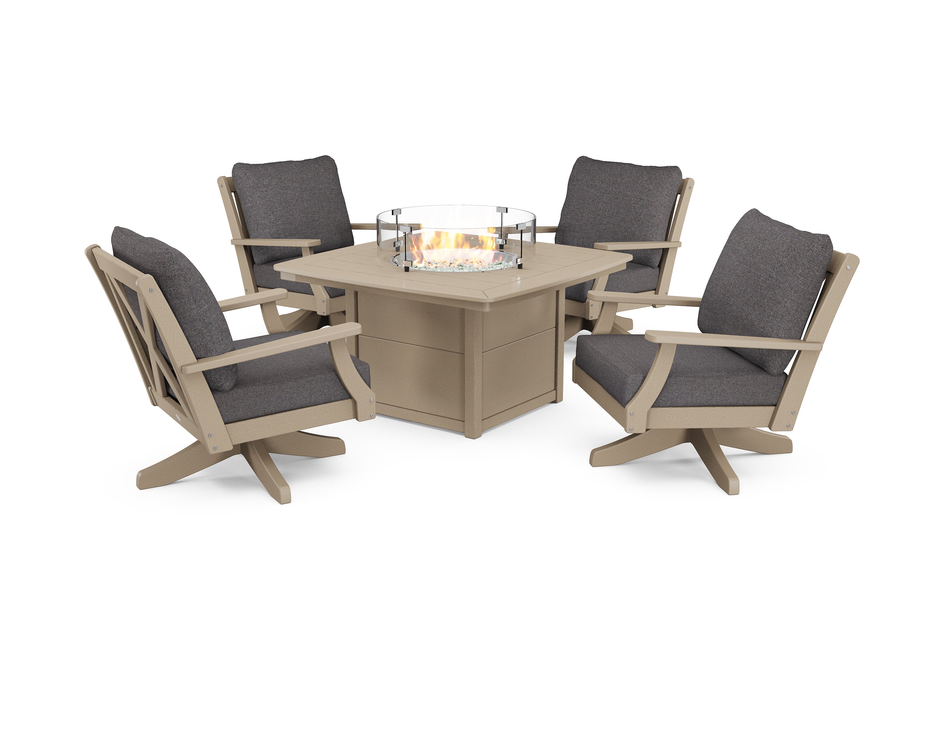 Braxton 5-Piece Deep Seating Swivel Conversation Set with Fire Pit Table in Vintage Sahara / Ash Charcoal