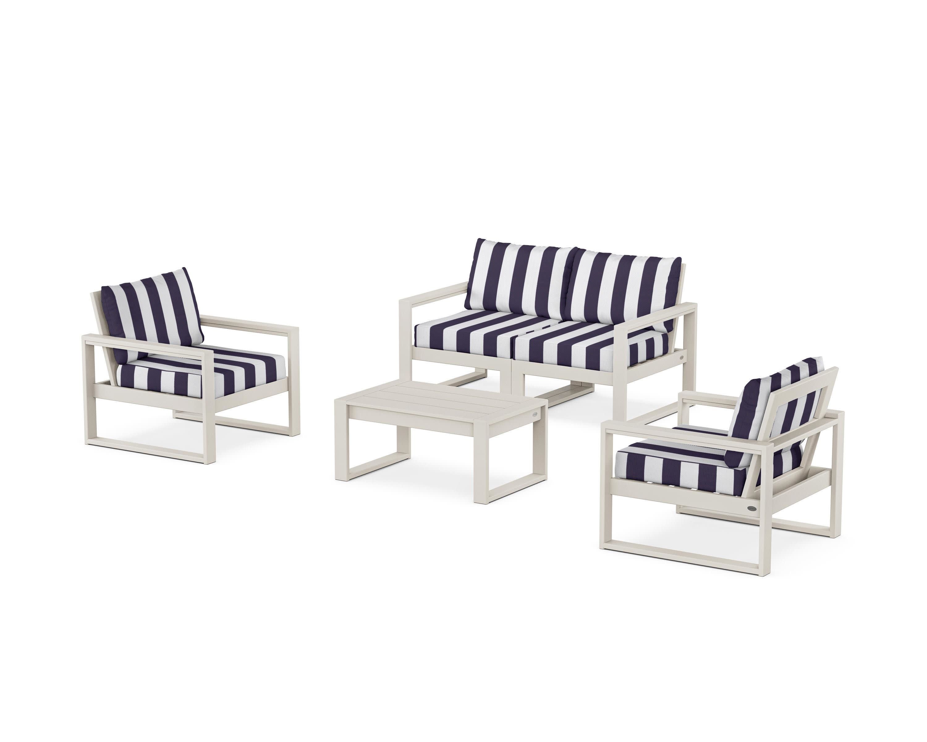 EDGE Sectional 4-Piece Deep Seating Set with Loveseat in Sand / Cabana Stripe Navy