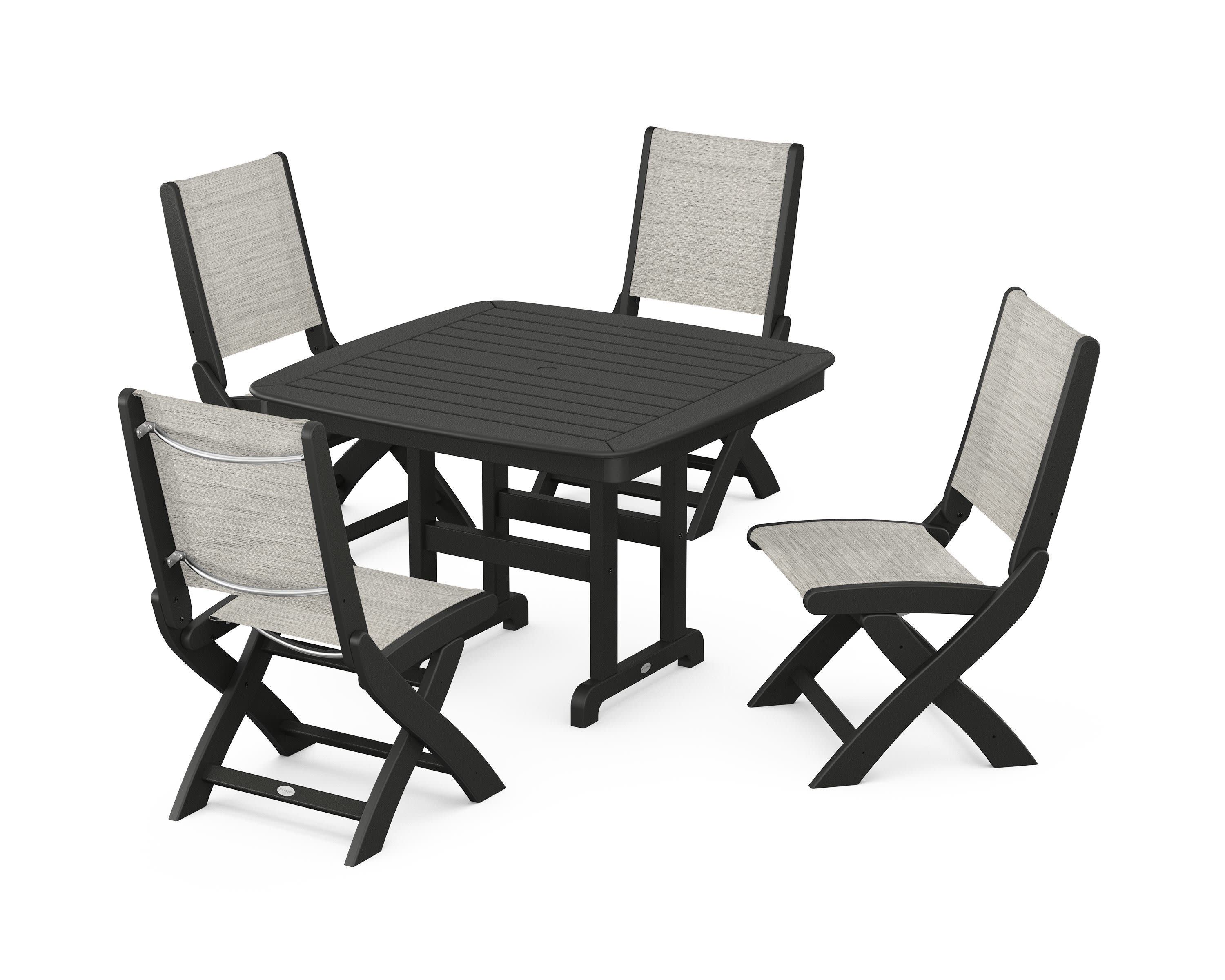 Coastal Folding Side Chair 5-Piece Dining Set in Black / Birch Sling