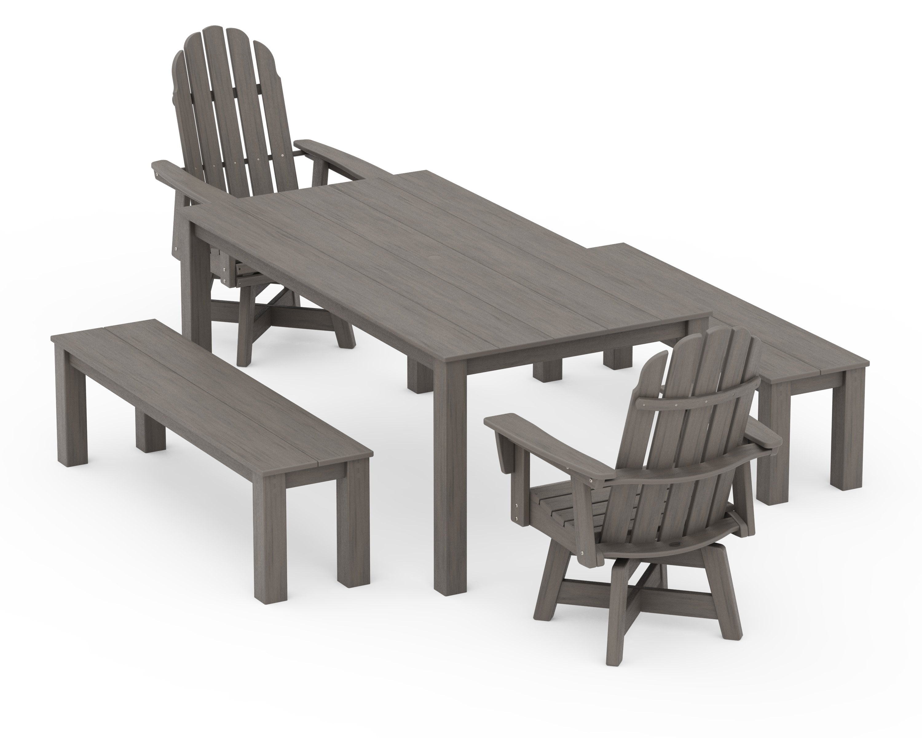 Vineyard Curveback Adirondack 5-Piece Parsons Swivel Dining Set with Benches in Driftwood