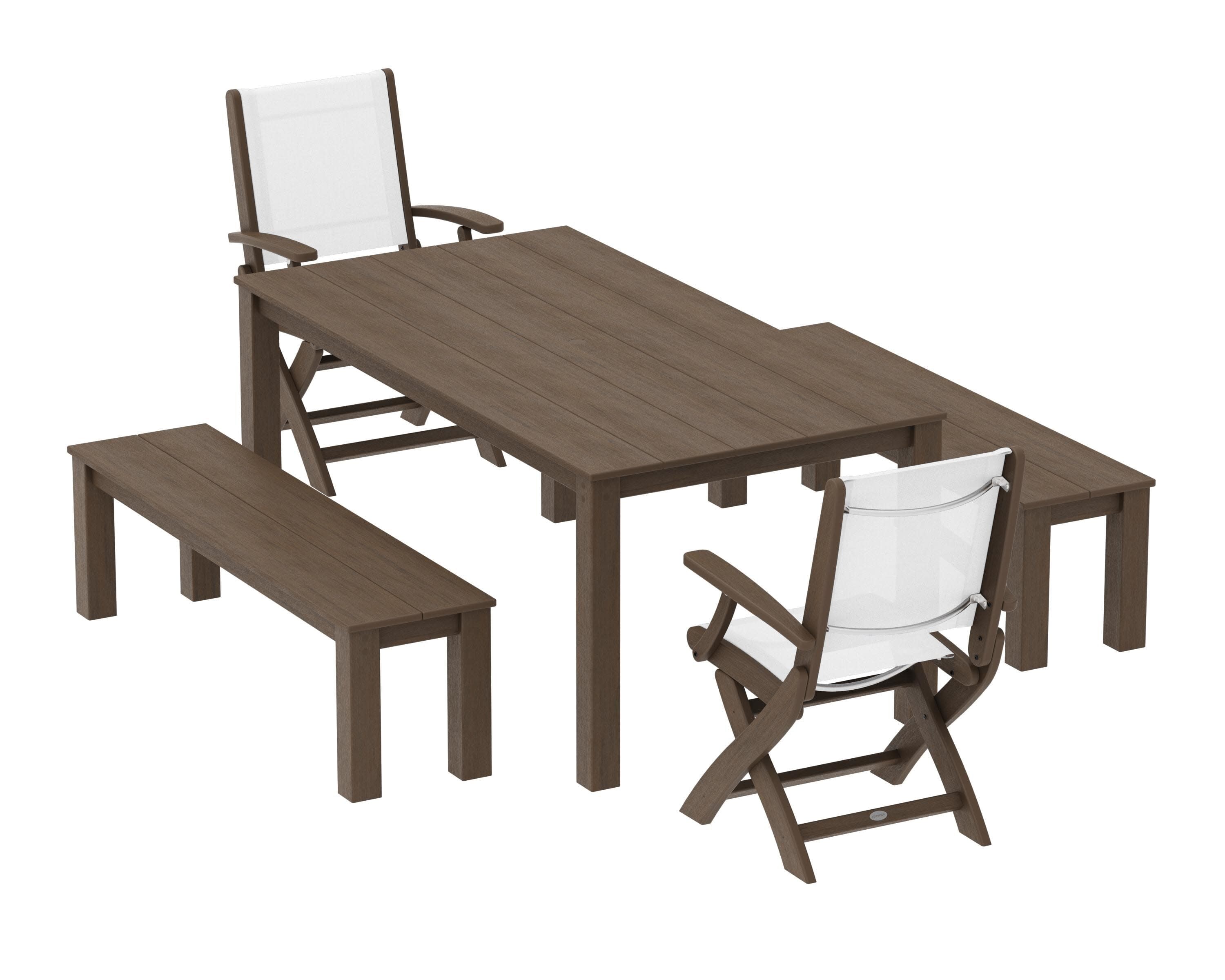 Coastal Folding Chair 5-Piece Parsons Dining Set with Benches in Kona / White Sling