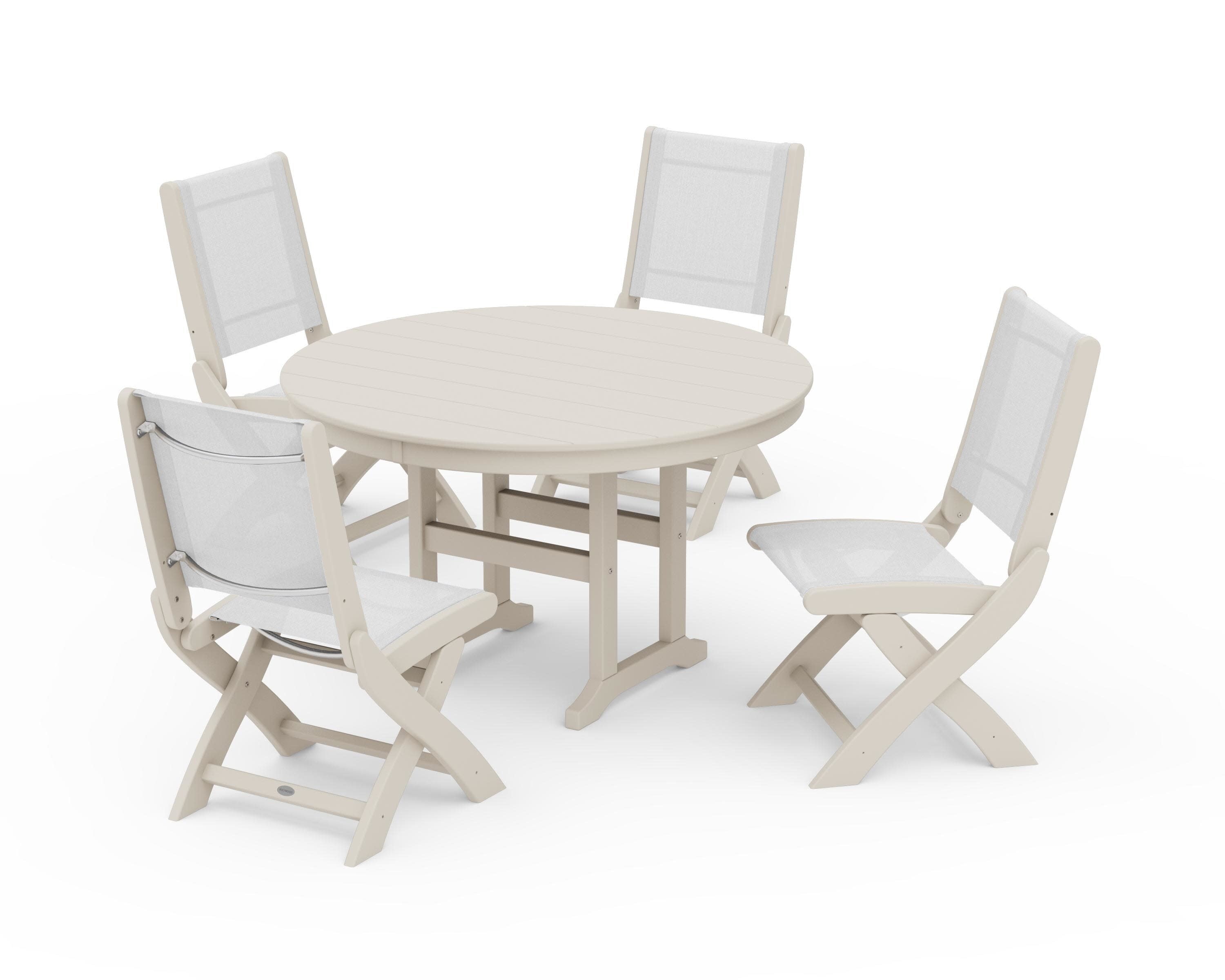 Coastal Folding Side Chair 5-Piece Round Dining Set in Sand / White Sling