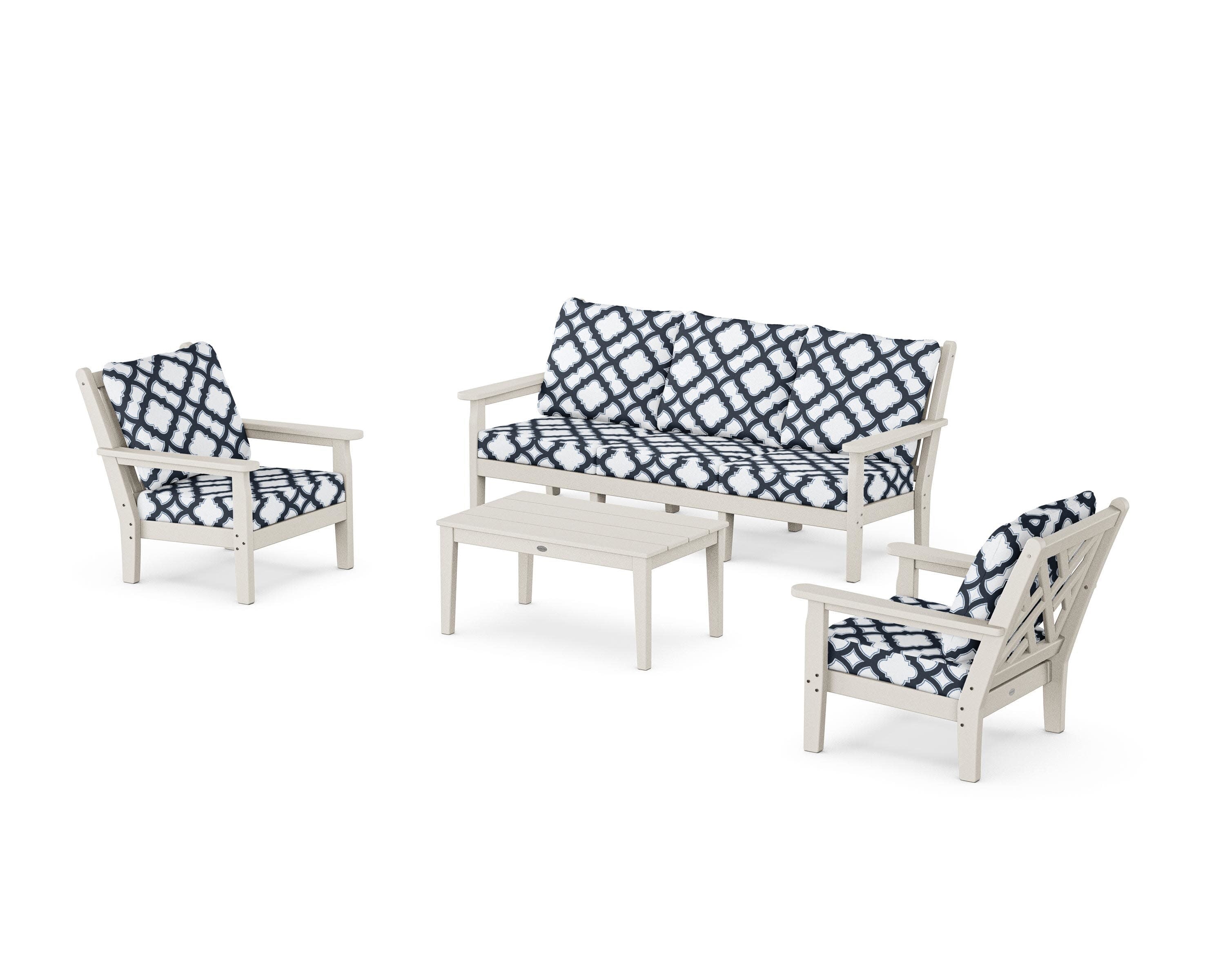 Chippendale 4-Piece Deep Seating Set with Sofa in Sand / Trellis Marine Indigo