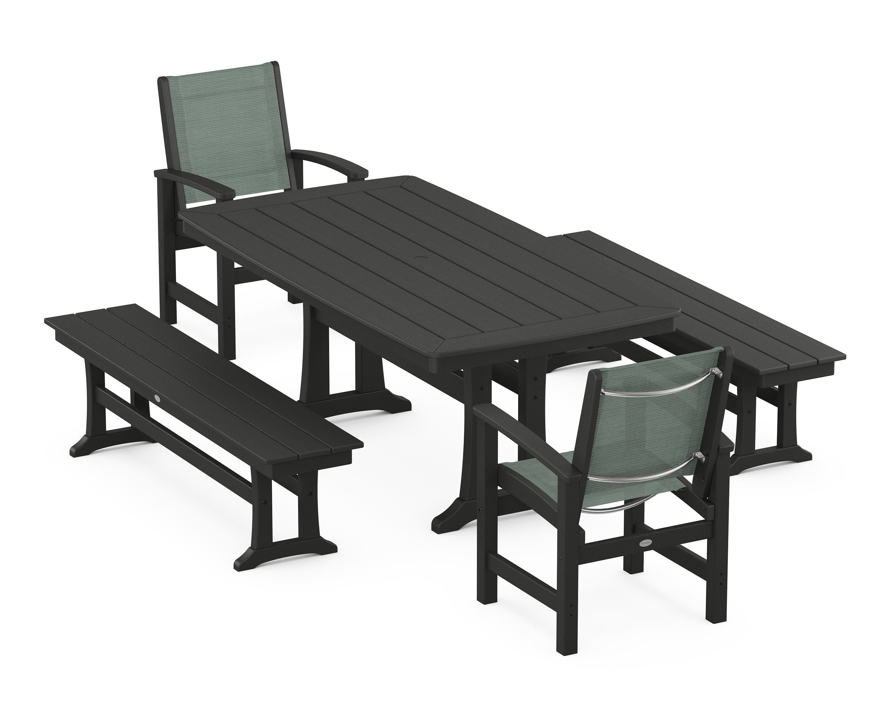 Coastal 5-Piece Dining Set with Trestle Legs and Benches in Black / Dupioni Sea Mist Sling