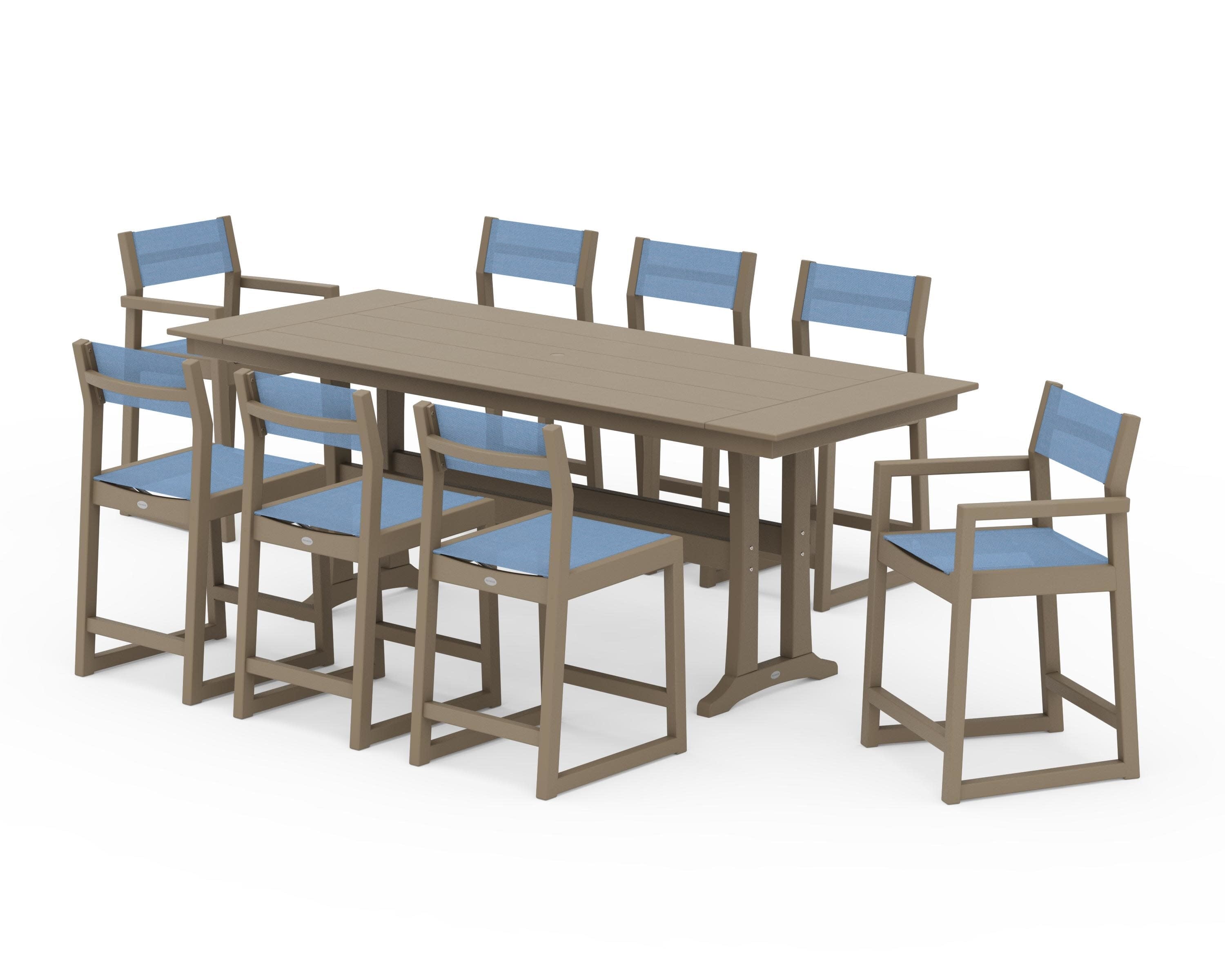 EDGE Sling 9-Piece Farmhouse Counter Set with Trestle Legs in Vintage Sahara / Poolside Sling