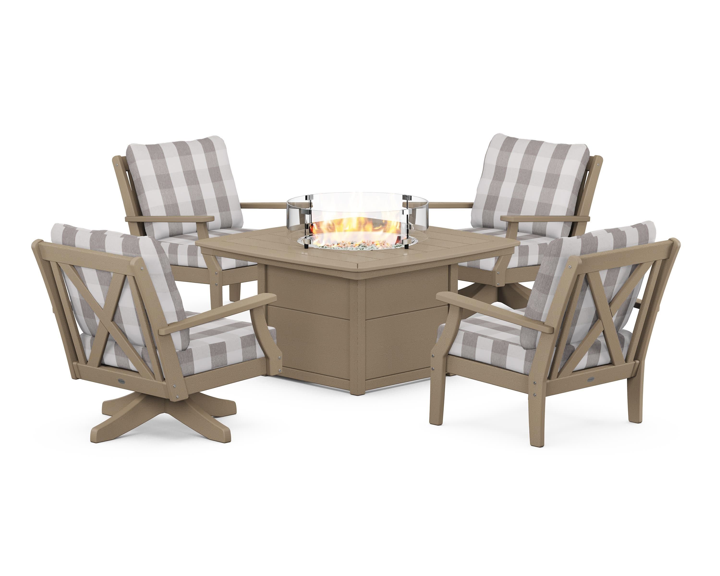 Braxton 5-Piece Deep Seating Set with Fire Table in Vintage Sahara / Buffalo Plaid Grey Mist