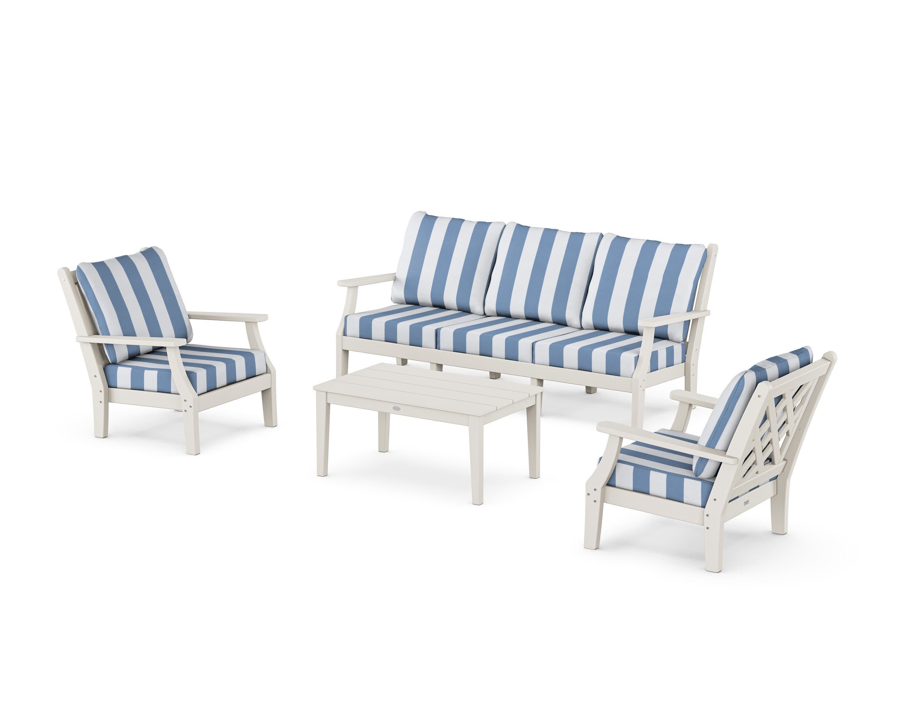 Wovendale 4-Piece Deep Seating Set with Sofa in Sand / Cabana Stripe Sky Blue