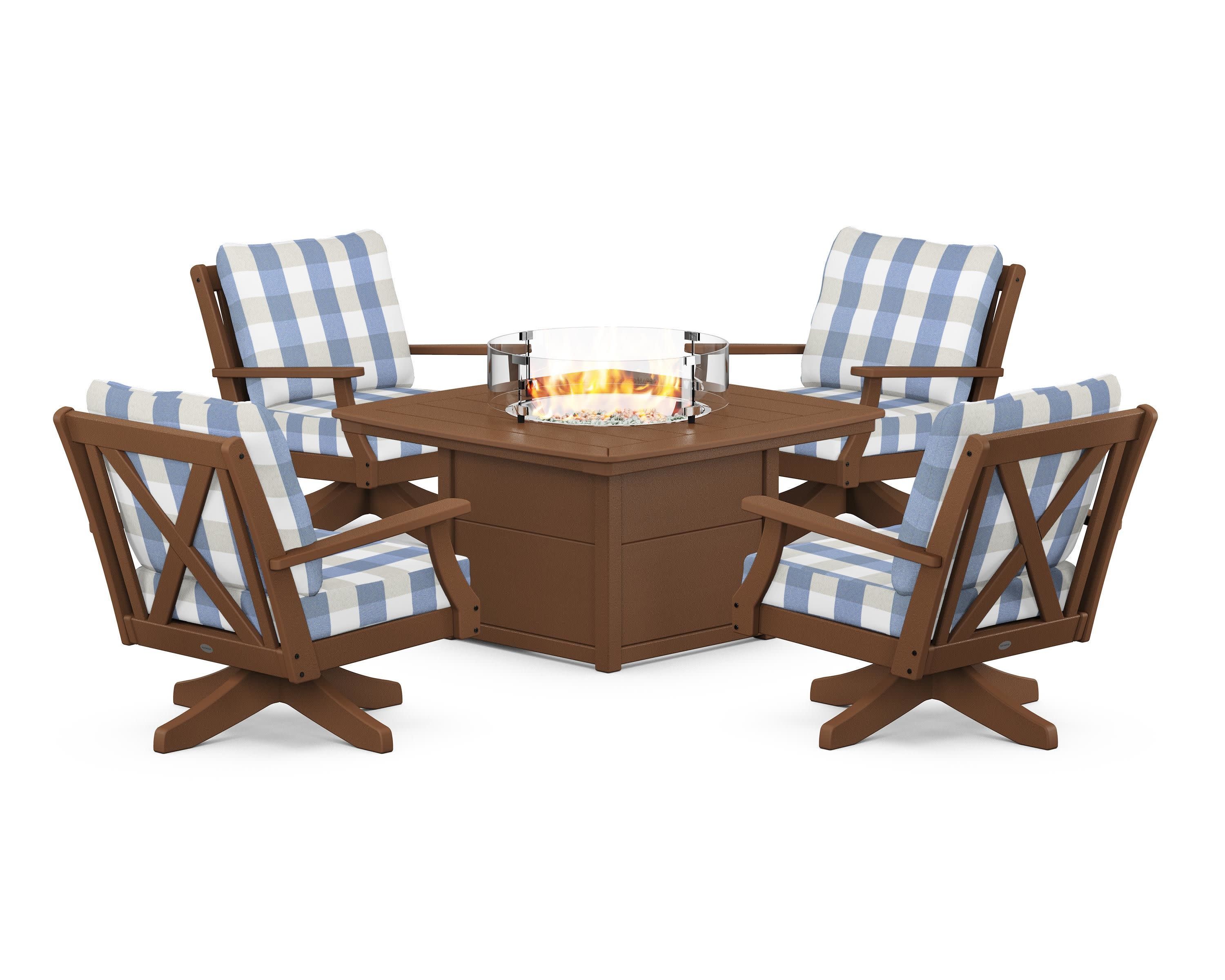 Braxton 5-Piece Deep Seating Swivel Conversation Set with Fire Pit Table in Teak / Buffalo Plaid Sky Blue