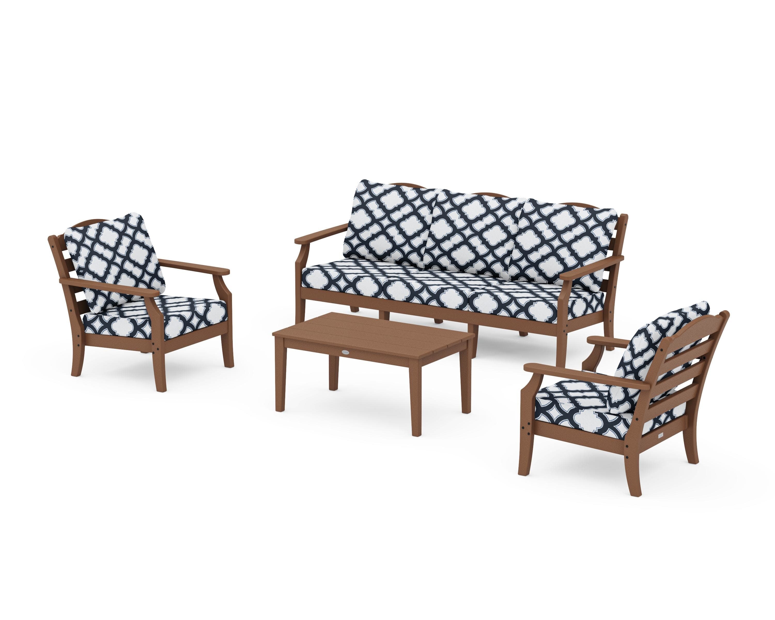 Savannah 4-Piece Deep Seating Set with Sofa in Teak / Trellis Marine Indigo