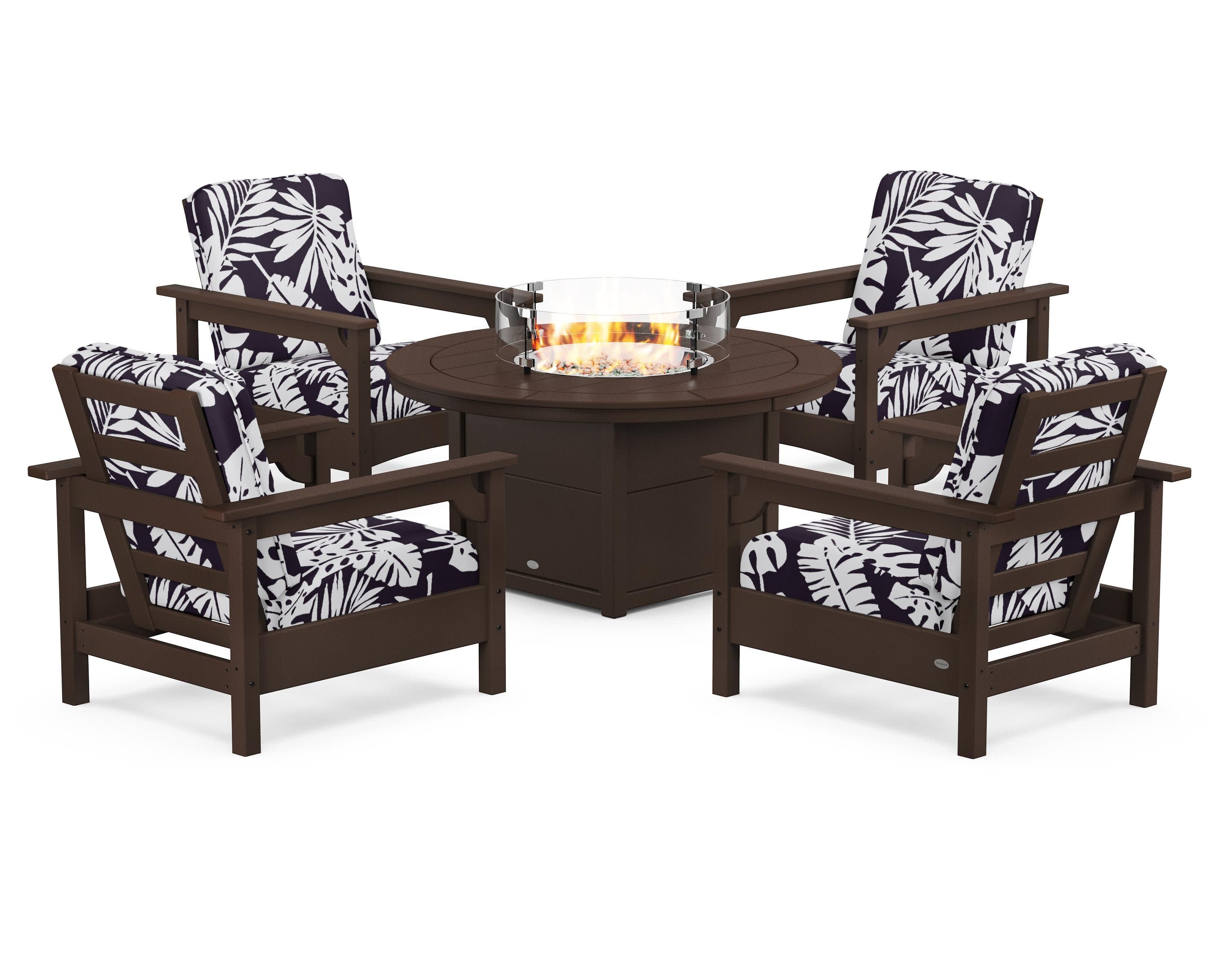 Club 5-Piece Conversation Set with Fire Pit Table in Mahogany / Leaf Navy