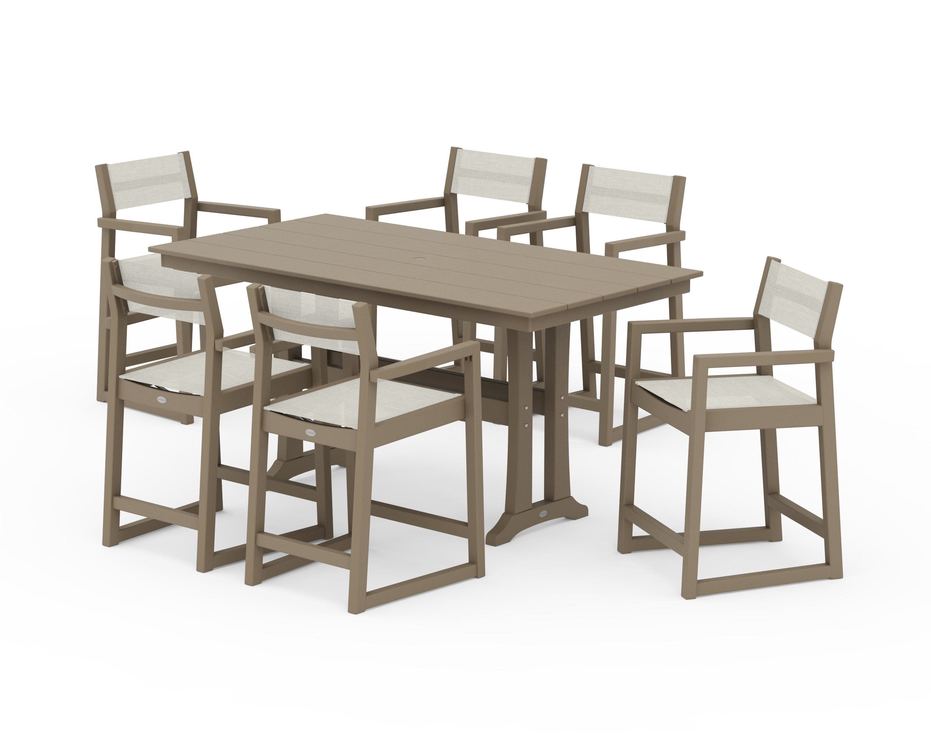 EDGE Sling Arm Chair 7-Piece Farmhouse Counter Set with Trestle Legs in Vintage Sahara / Parchment Sling