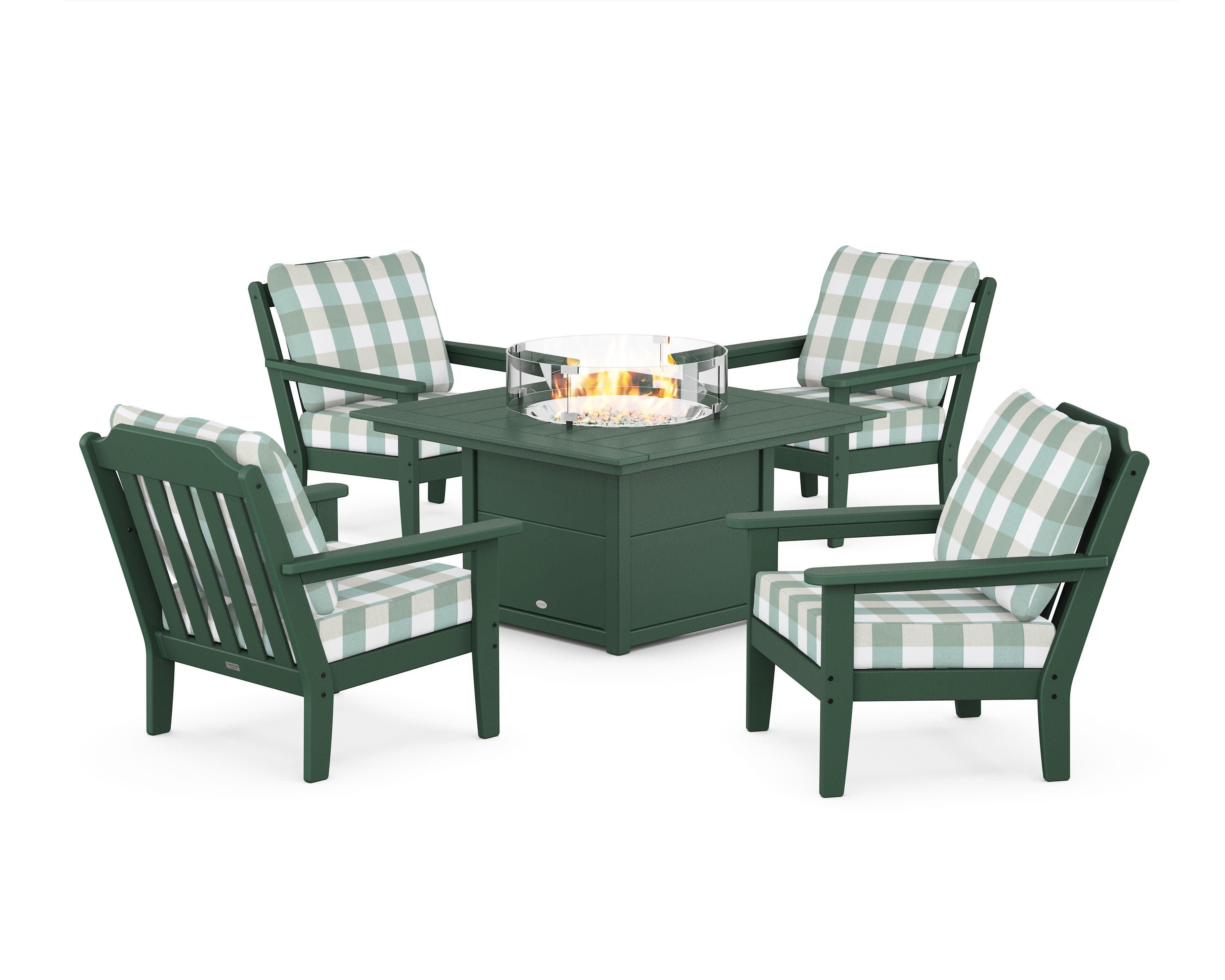 Cottage 5-Piece Deep Seating Set with Fire Pit Table in Green / Buffalo Plaid Glacier Spa