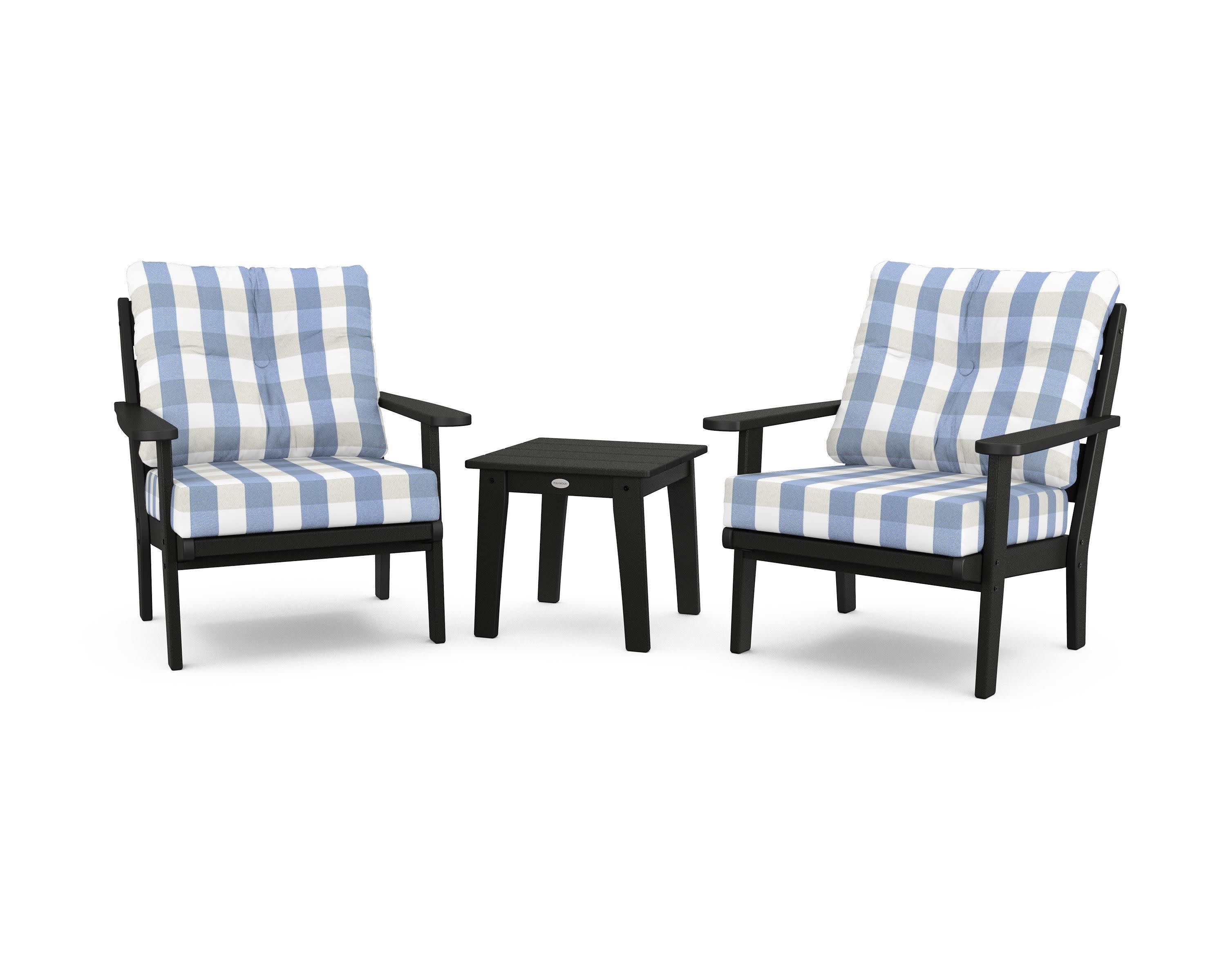 Lakeside 3-Piece Deep Seating Chair Set in Black / Buffalo Plaid Sky Blue