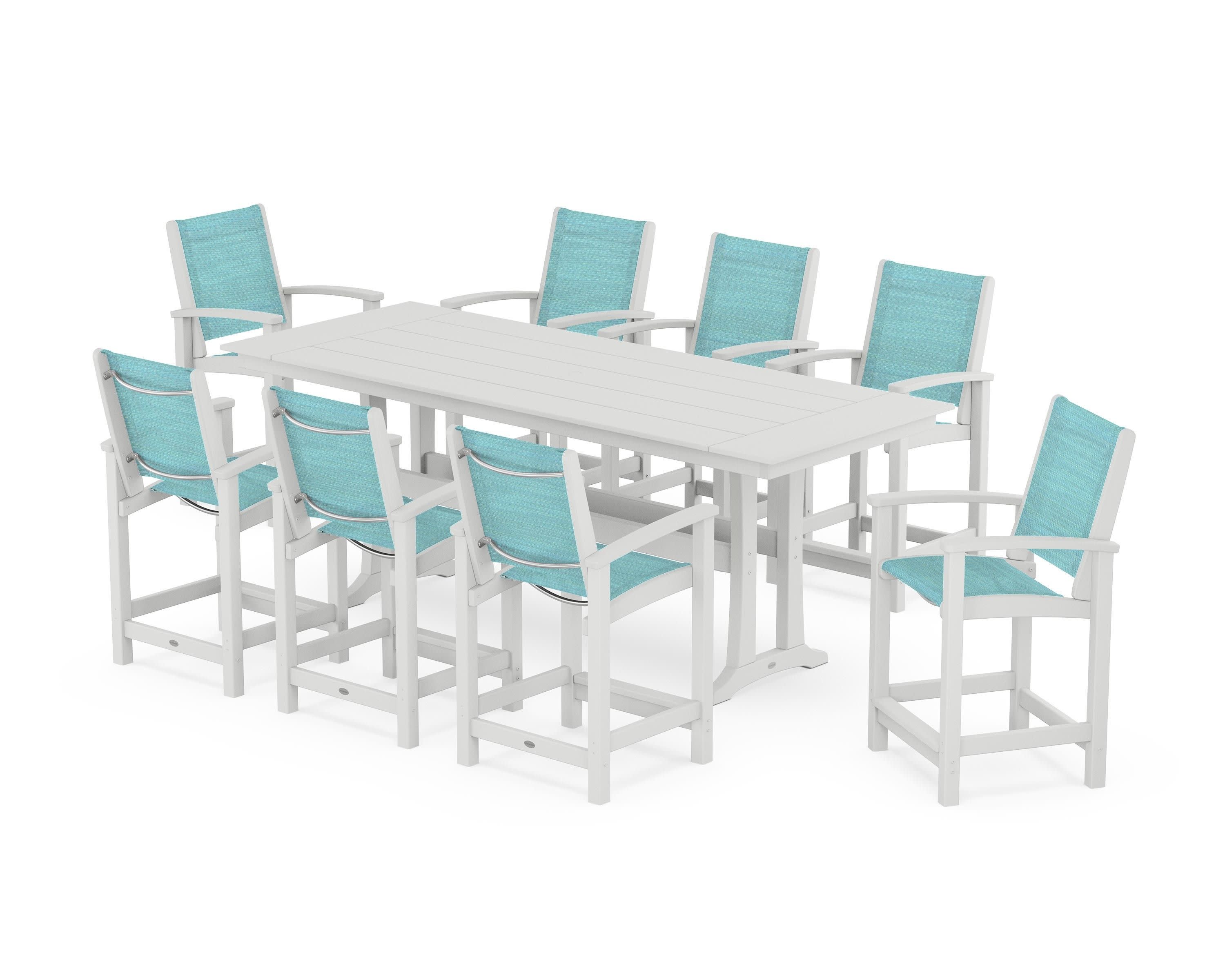 Coastal 9-Piece Farmhouse Counter Set with Trestle Legs in White / Dupioni Aquamarine Sling