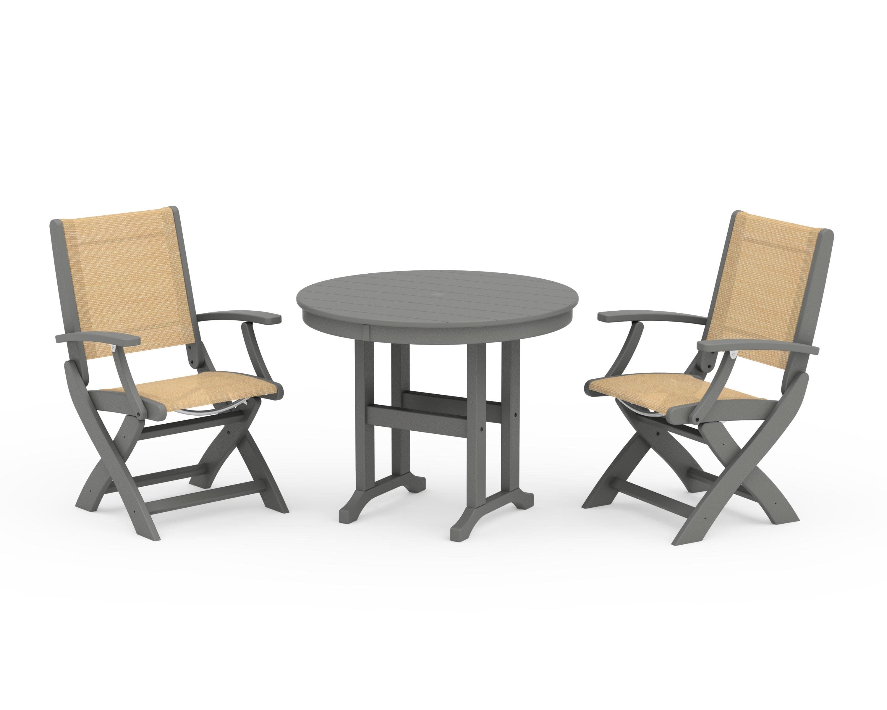 Coastal Folding Chair 3-Piece Round Dining Set in Slate Grey / Dupioni Apricot Sling