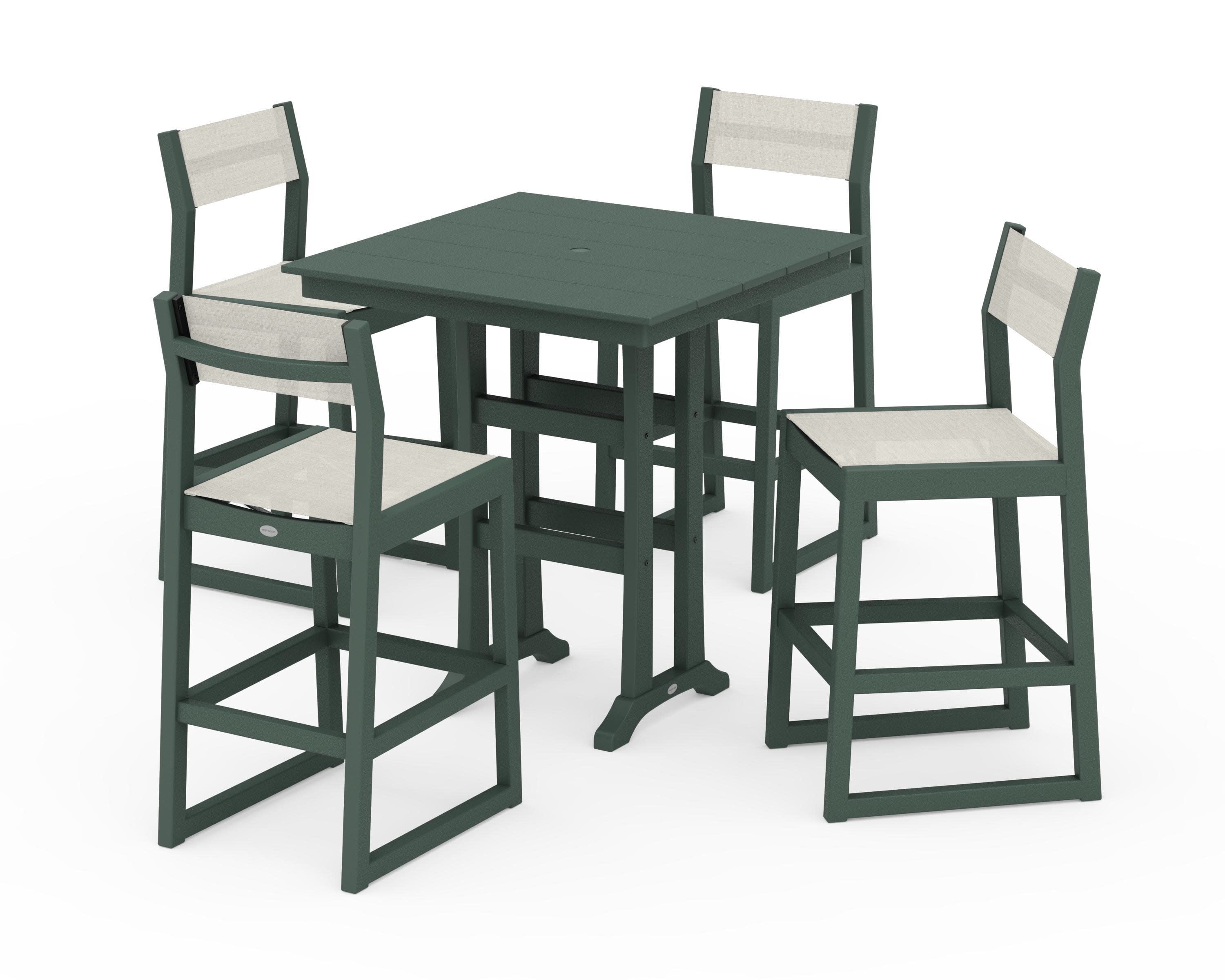 EDGE Sling Arm Chair 5-Piece Farmhouse Bar Set with Trestle Legs in Green / Parchment Sling