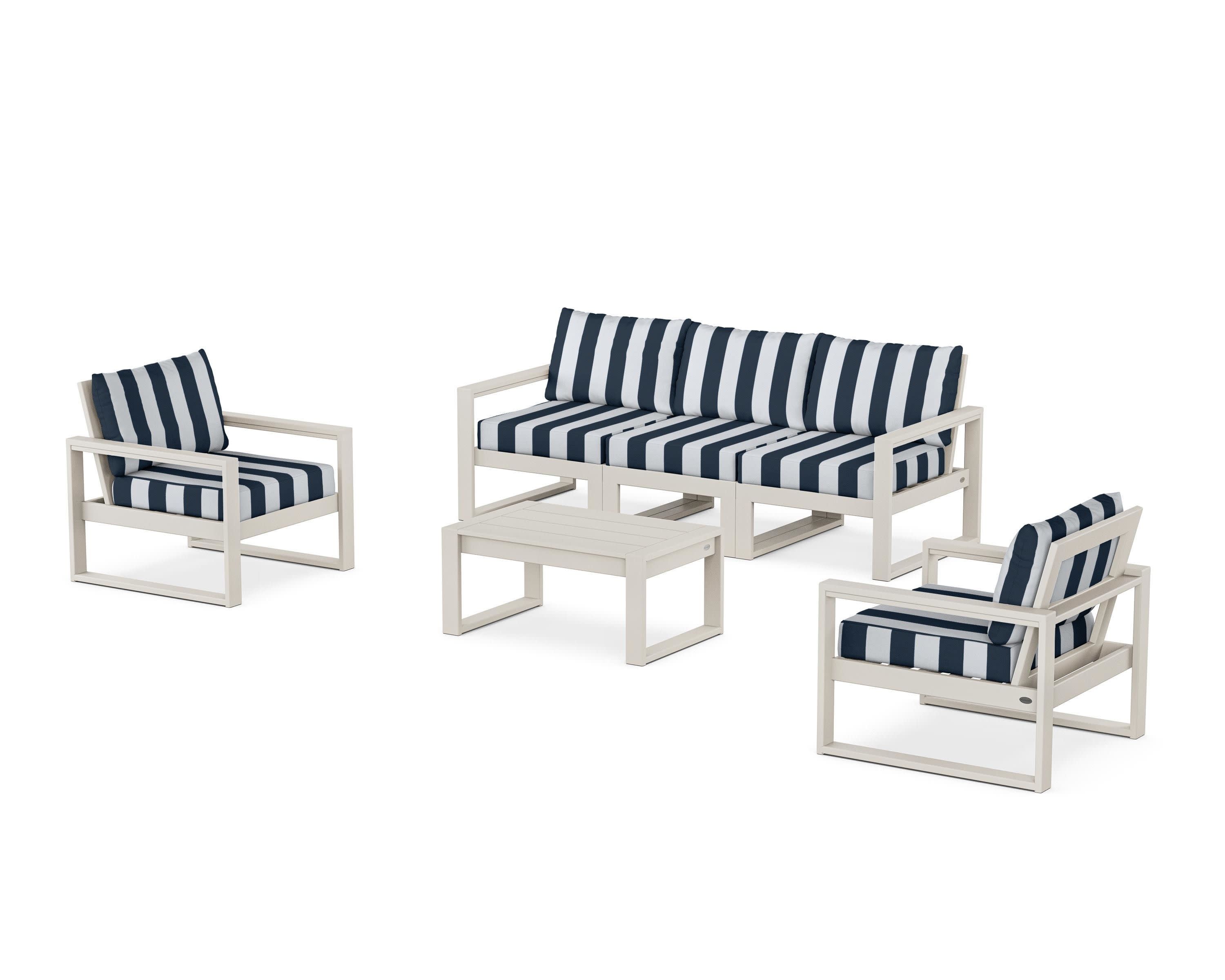 EDGE Sectional 4-Piece Deep Seating Set with Sofa in Sand / Cabana Stripe Marine Indigo