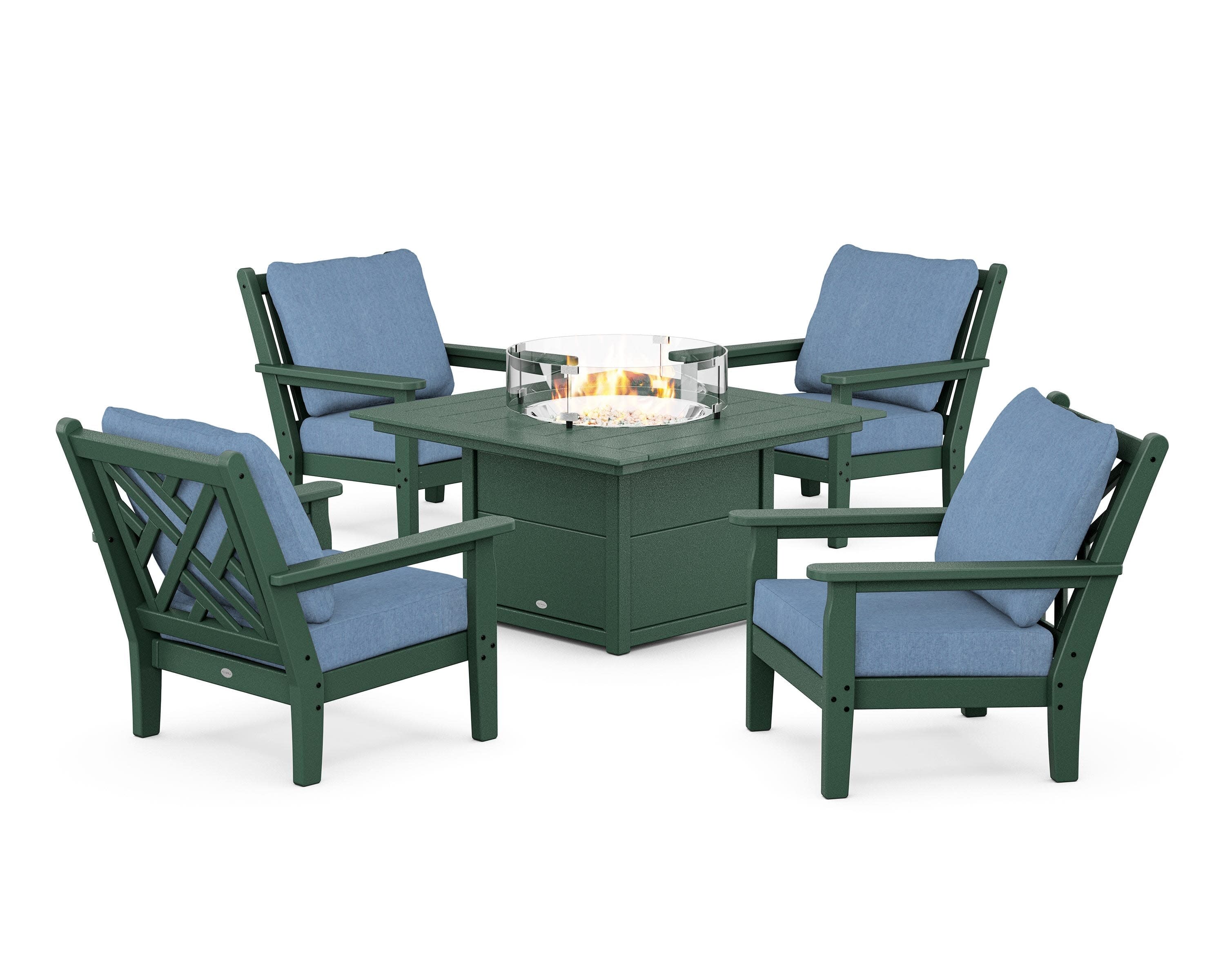 Chippendale 5-Piece Deep Seating Set with Fire Pit Table in Green / Sky Blue