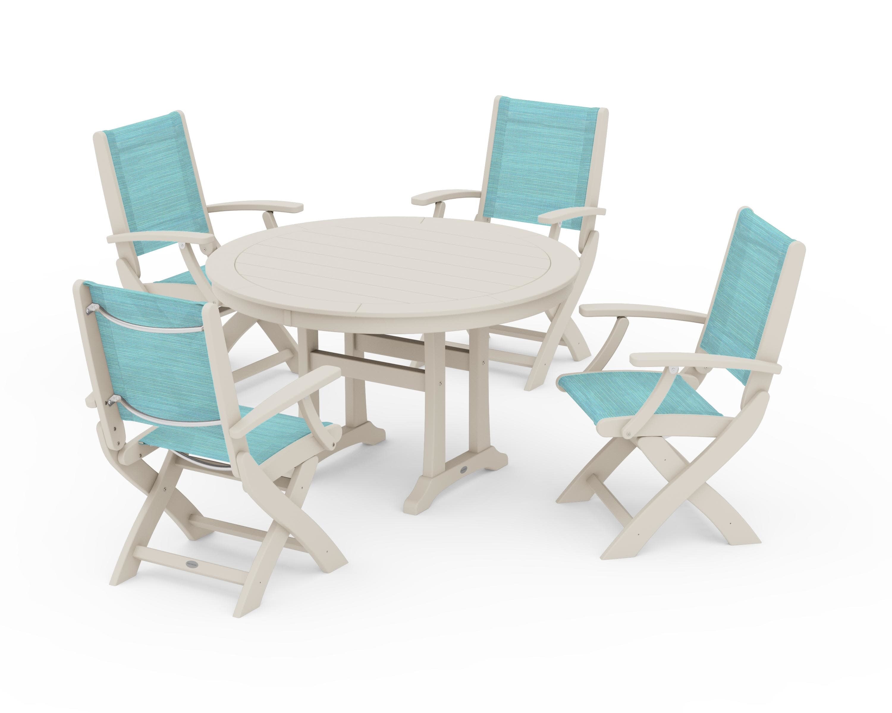 Coastal Folding Chair 5-Piece Round Dining Set with Trestle Legs in Sand / Dupioni Aquamarine Sling
