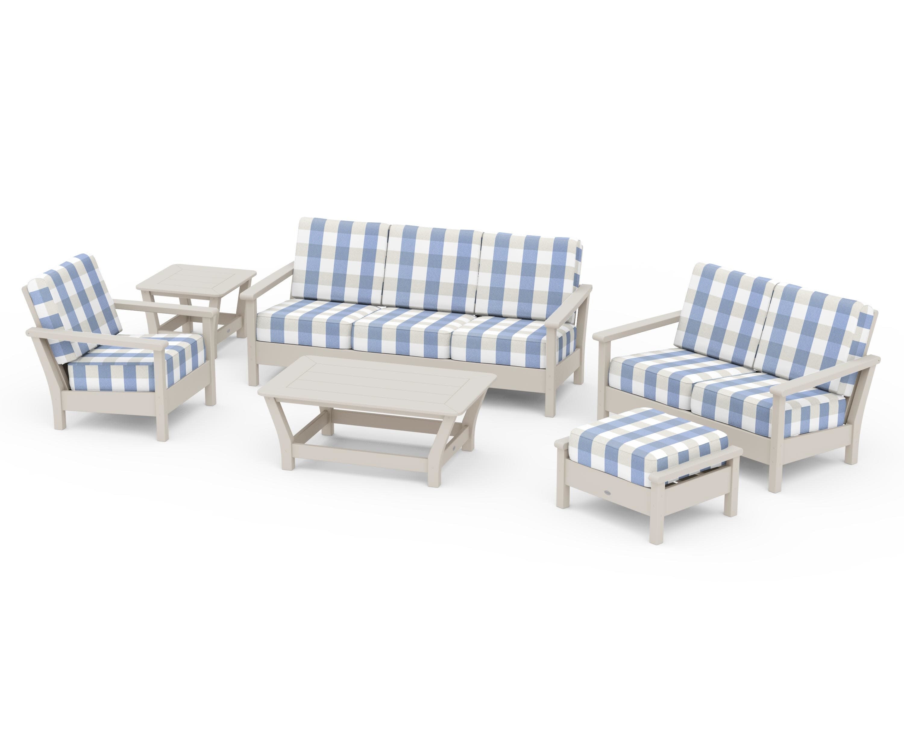 Harbour 6-Piece Outdoor Living Set in Sand / Buffalo Plaid Sky Blue