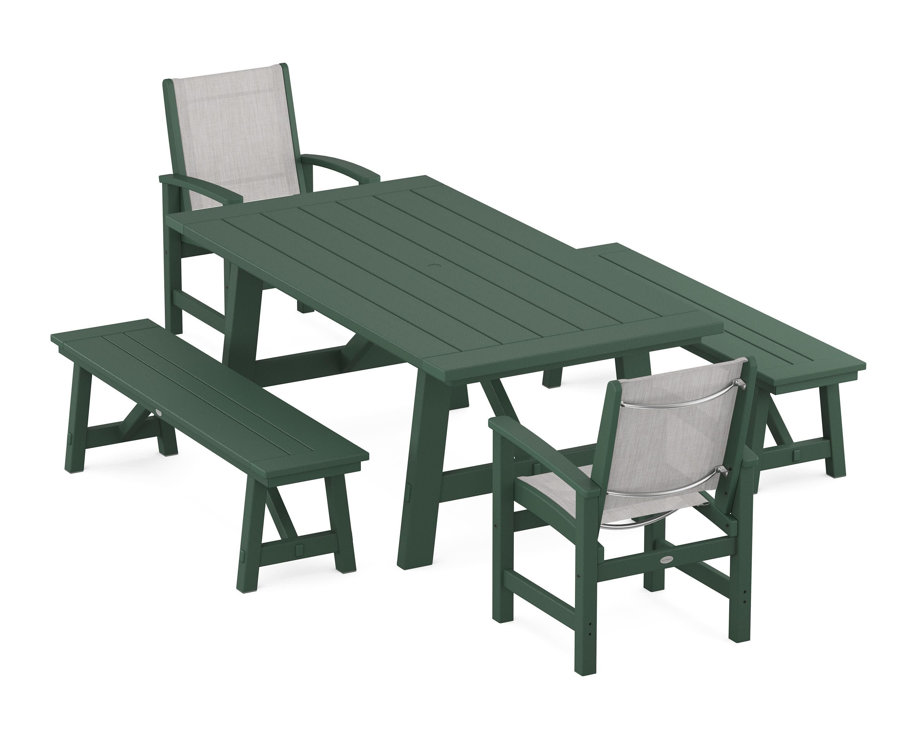 Coastal 5-Piece Rustic Farmhouse Dining Set With Benches in Green / Parchment Sling