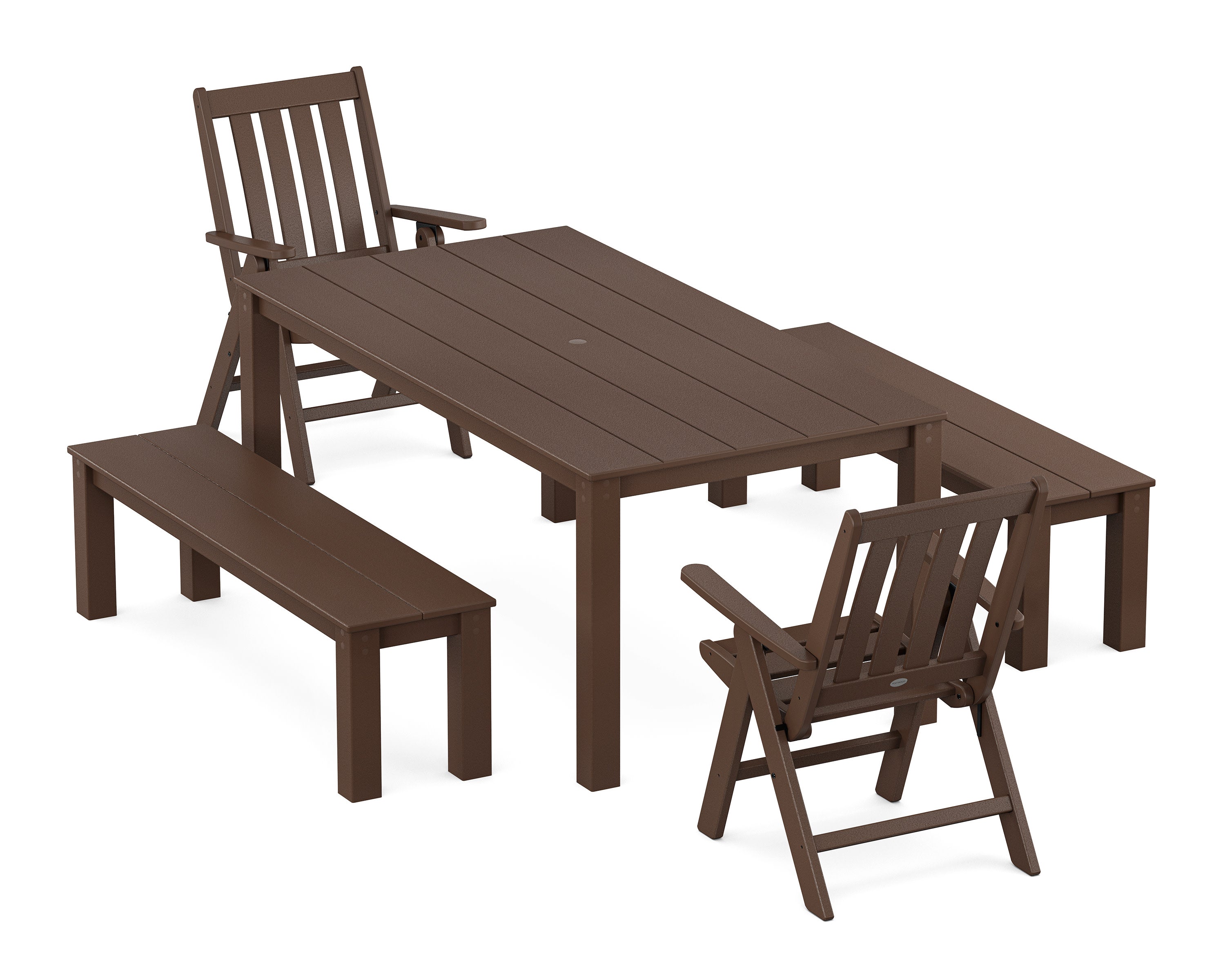 Vineyard Folding Chair 5-Piece Parsons Dining Set with Benches in Mahogany