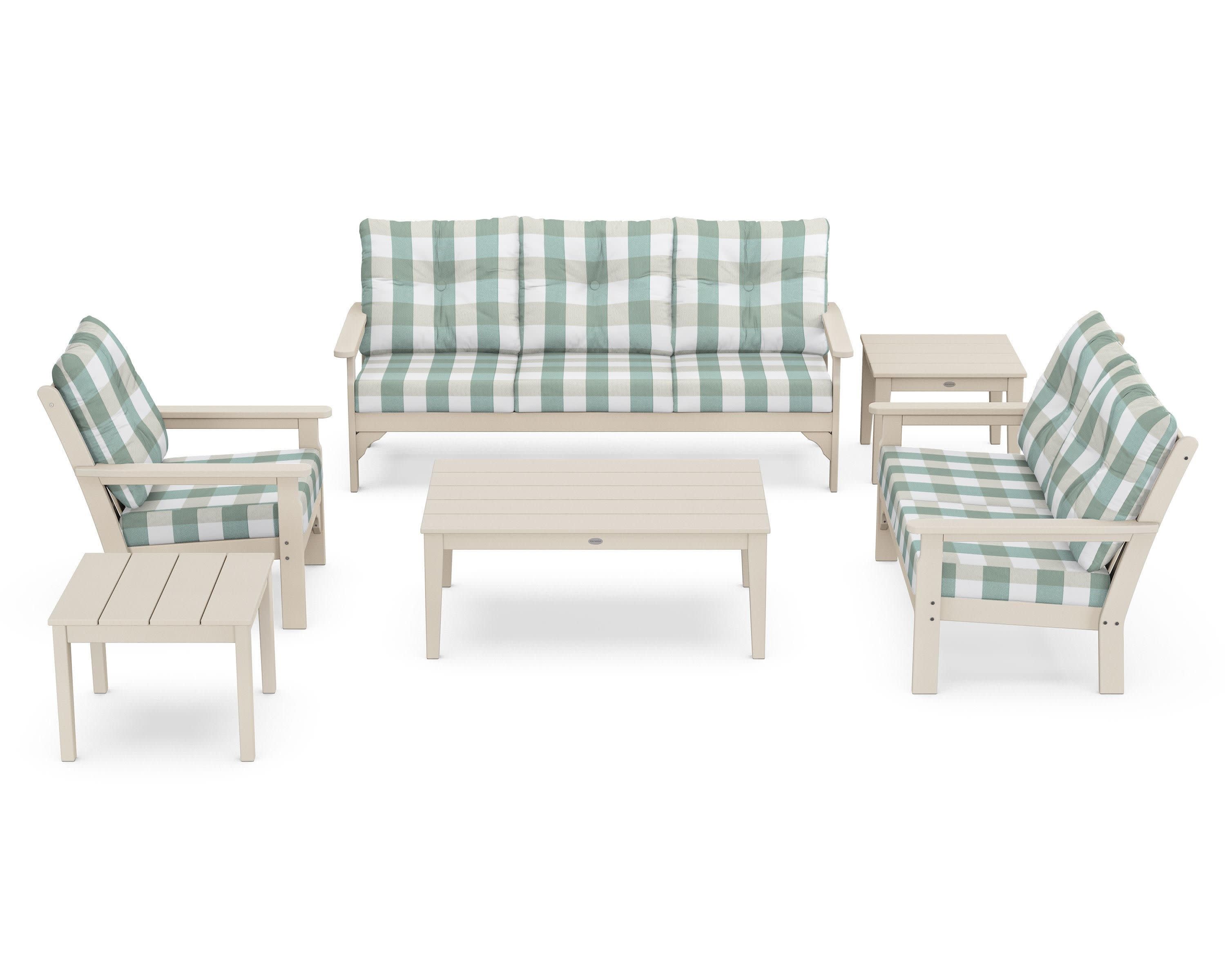 Vineyard 6-Piece Deep Seating Set in Sand / Buffalo Plaid Glacier Spa