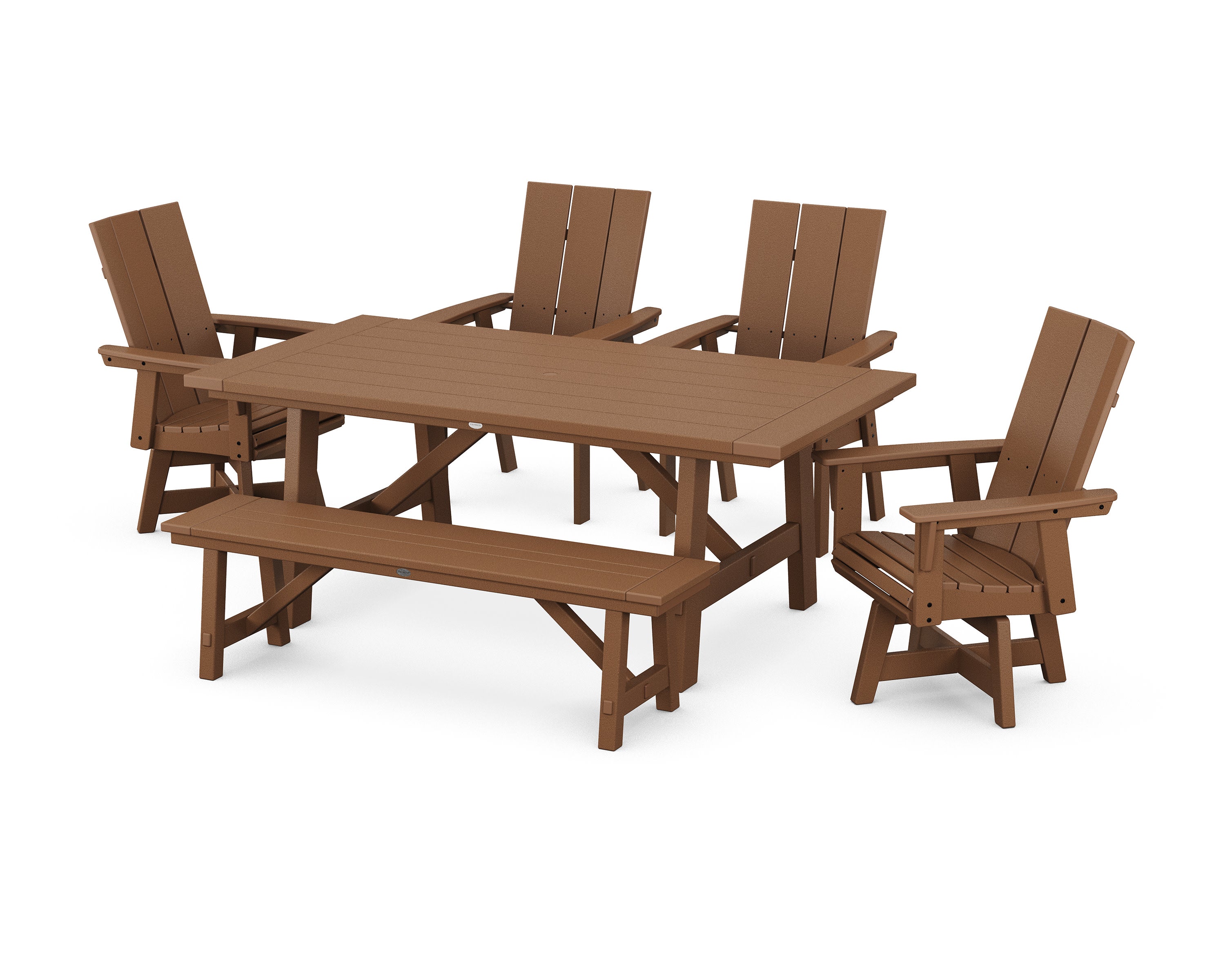 Modern Curveback Adirondack Swivel Chair 6-Piece Rustic Farmhouse Dining Set with Bench in Teak