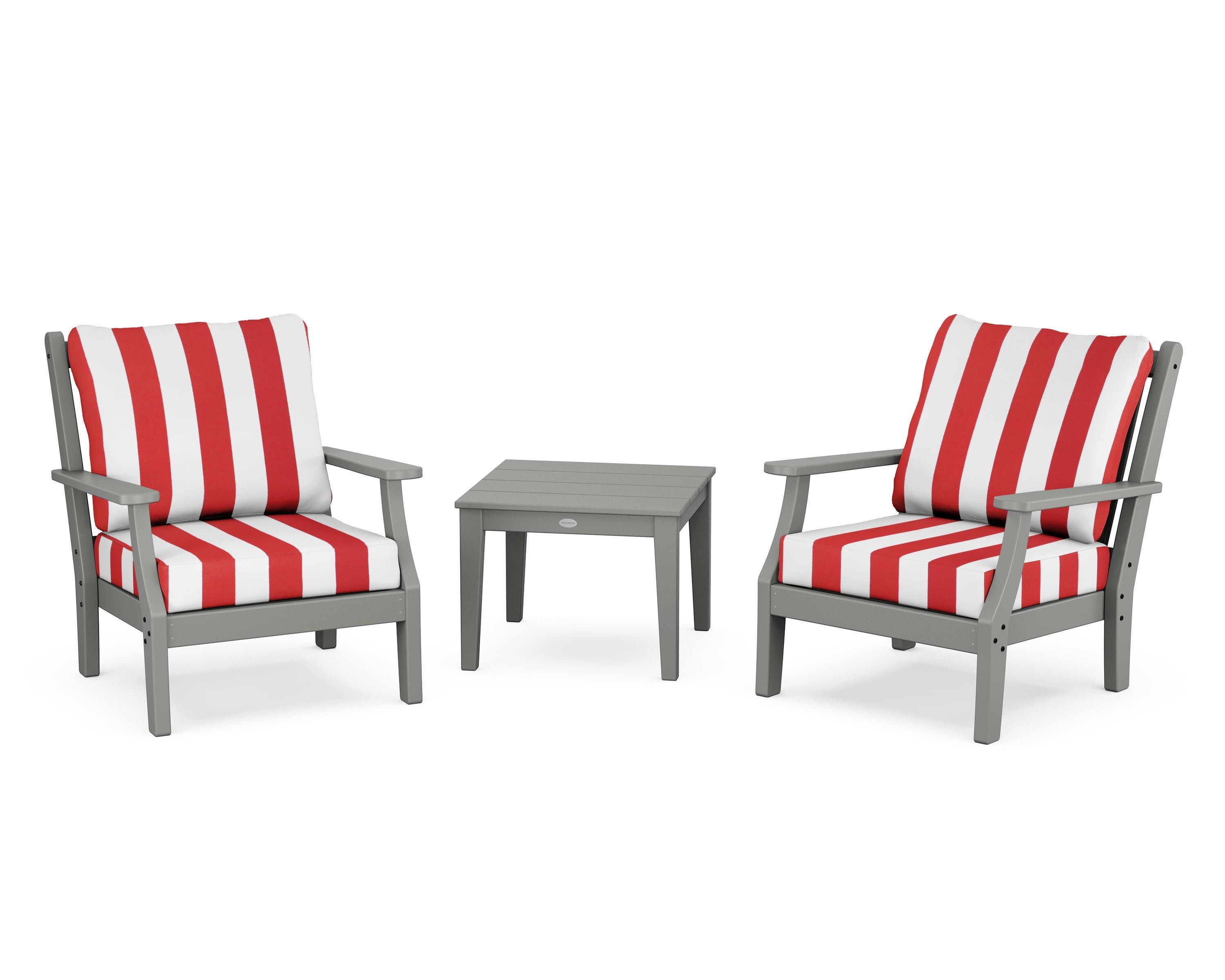 Wovendale 3-Piece Deep Seating Set in Slate Grey / Cabana Stripe Crimson